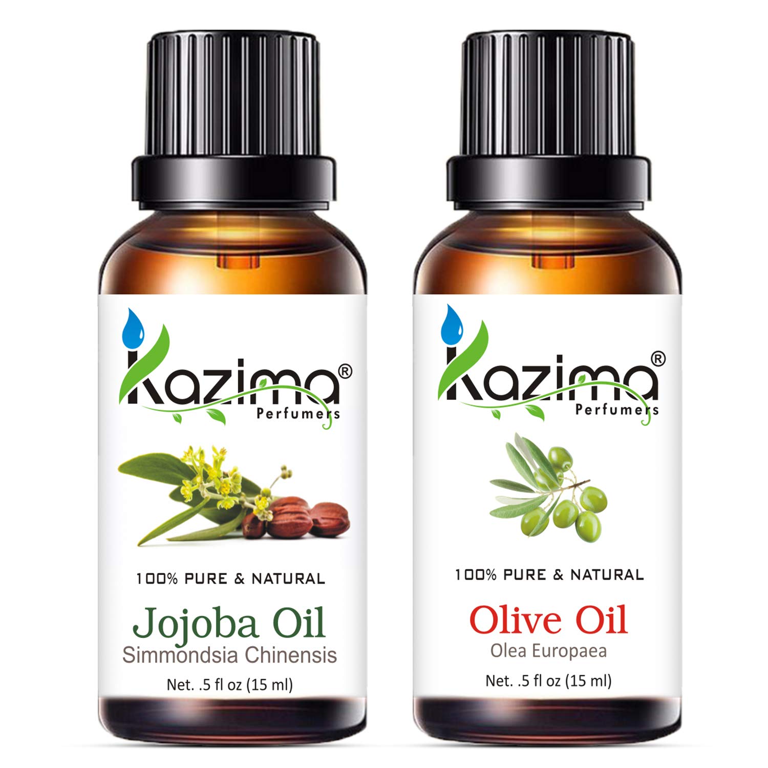 KAZIMA Jojoba Oil & Olive Oil Combo - 100% Pure Cold Pressed Carrier Oils for Acne, Wrinkles, Skin Moisturizing, Hair Growth & Massage (15ml Each) - Perfect for DIY Skincare, Aromatherapy & Natural Beauty Treatments