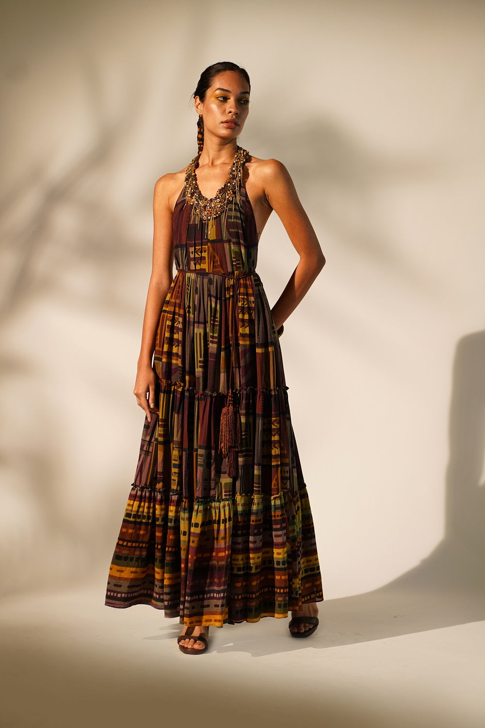 Stylish Multicolor Abstract Print Maxi Dress with Hand Baroque Metallic Embellishment - Perfect for Evening Parties, Weddings & Special Occasions