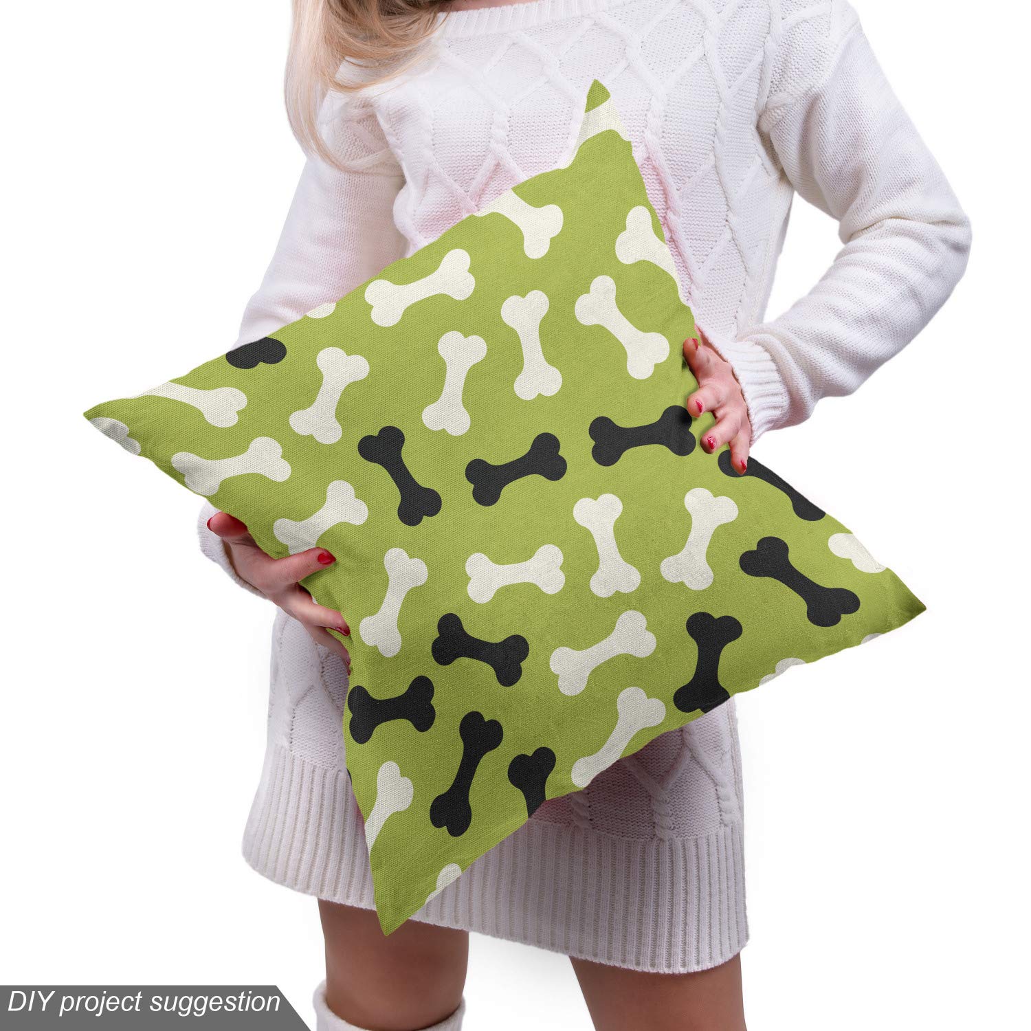Lunarable Dog Bone Fabric by The Yard - Domestic Dog Breeds Nutrition Theme Abstract Bones Pattern Print - Decorative Upholstery Fabric for Pet Beds, Dog Blankets & Home Accents in Black, White & Apple Green - Perfect for DIY Dog Accessories & Pet-Friendly Home Decor