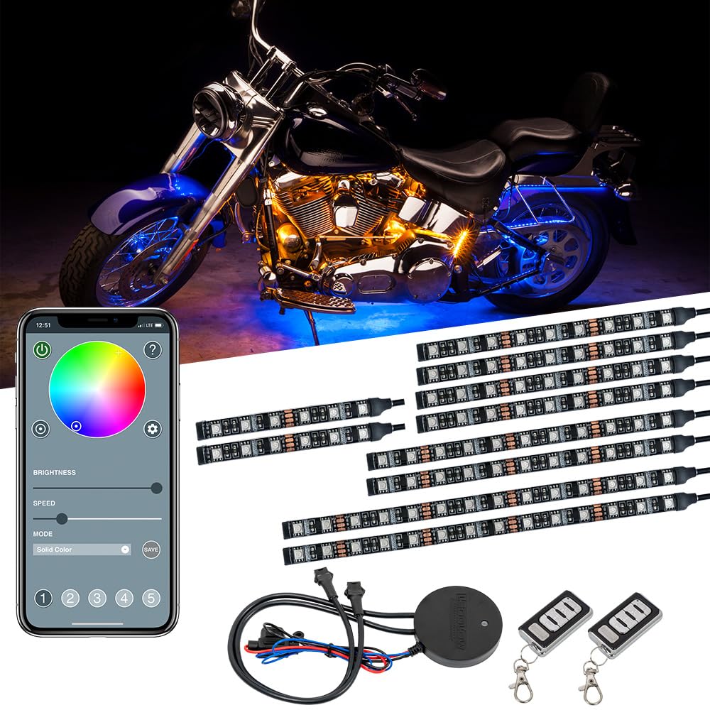 LEDGlow 10-Piece Bluetooth Motorcycle LED Light Kit - 16 Million Colors, Smartphone App Control, Dual Zone & Brake Light Effects, Waterproof - Perfect for Night Riding, Car Shows & Custom Bike Lighting