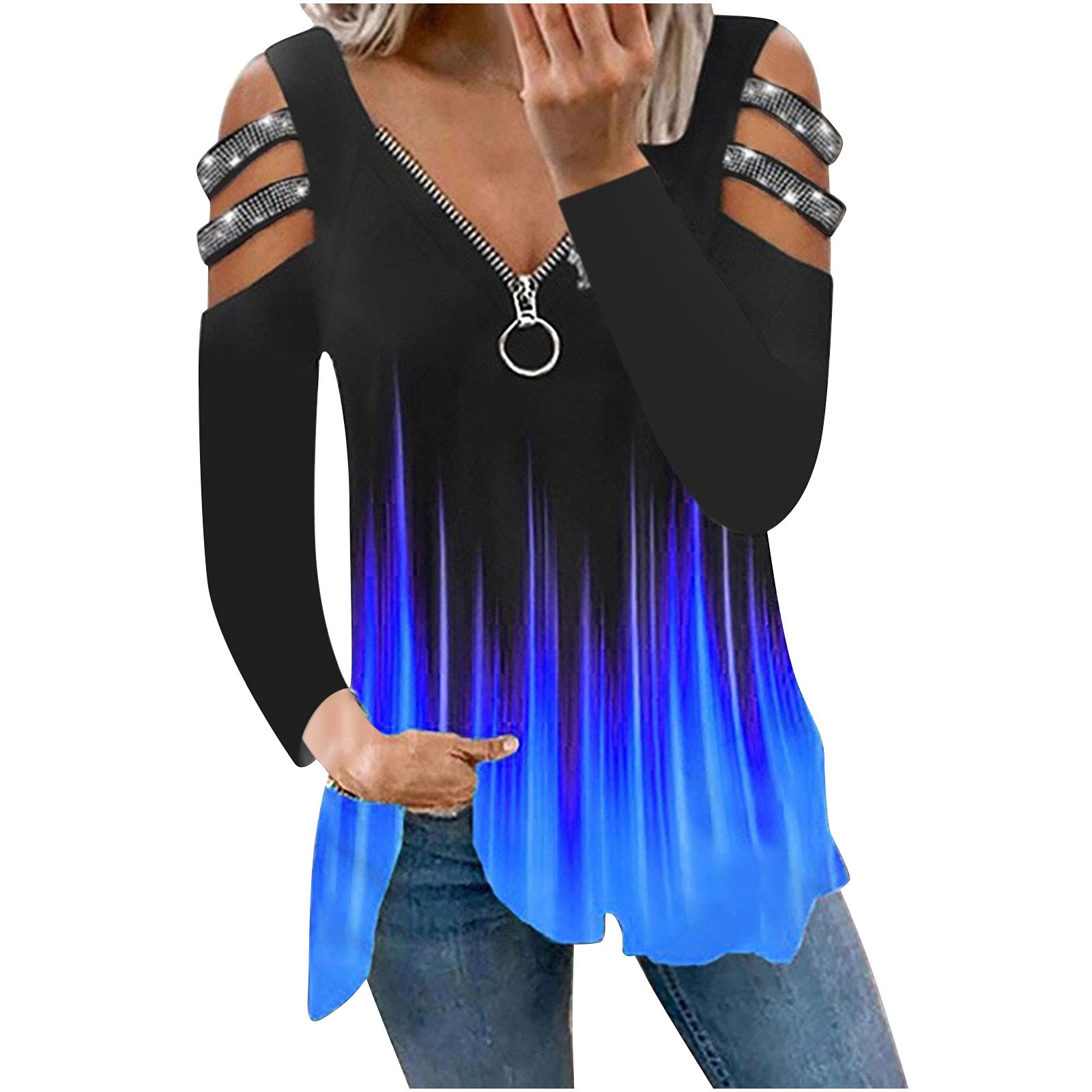 Sexy Long Sleeve Plus Size Tops for Women - Wedding Guest Cold Shoulder Tee with V-Neck & Zip Front - Summer Formal Blouse for Parties, Date Nights & Special Occasions