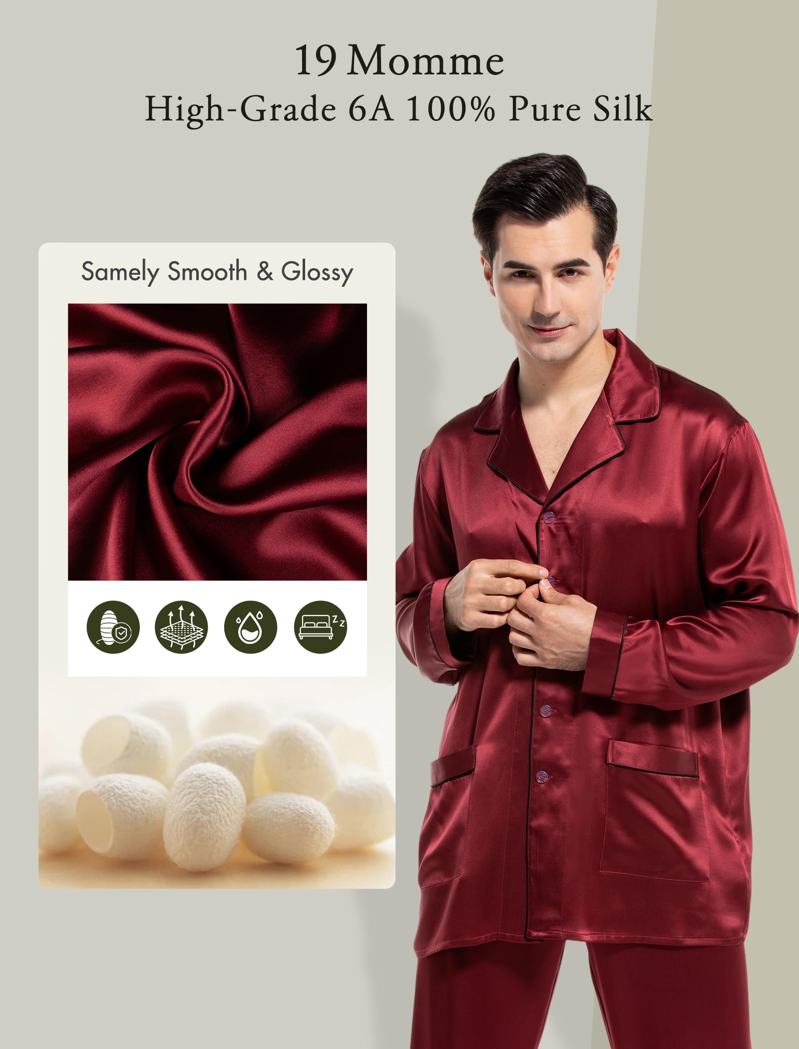 Luxury Men's Silk Pajama Set - 2PC Long Sleeve Button Down Sleepwear for Men | Soft & Breathable Silk PJs for Comfortable Sleep, Lounging & Relaxation at Home