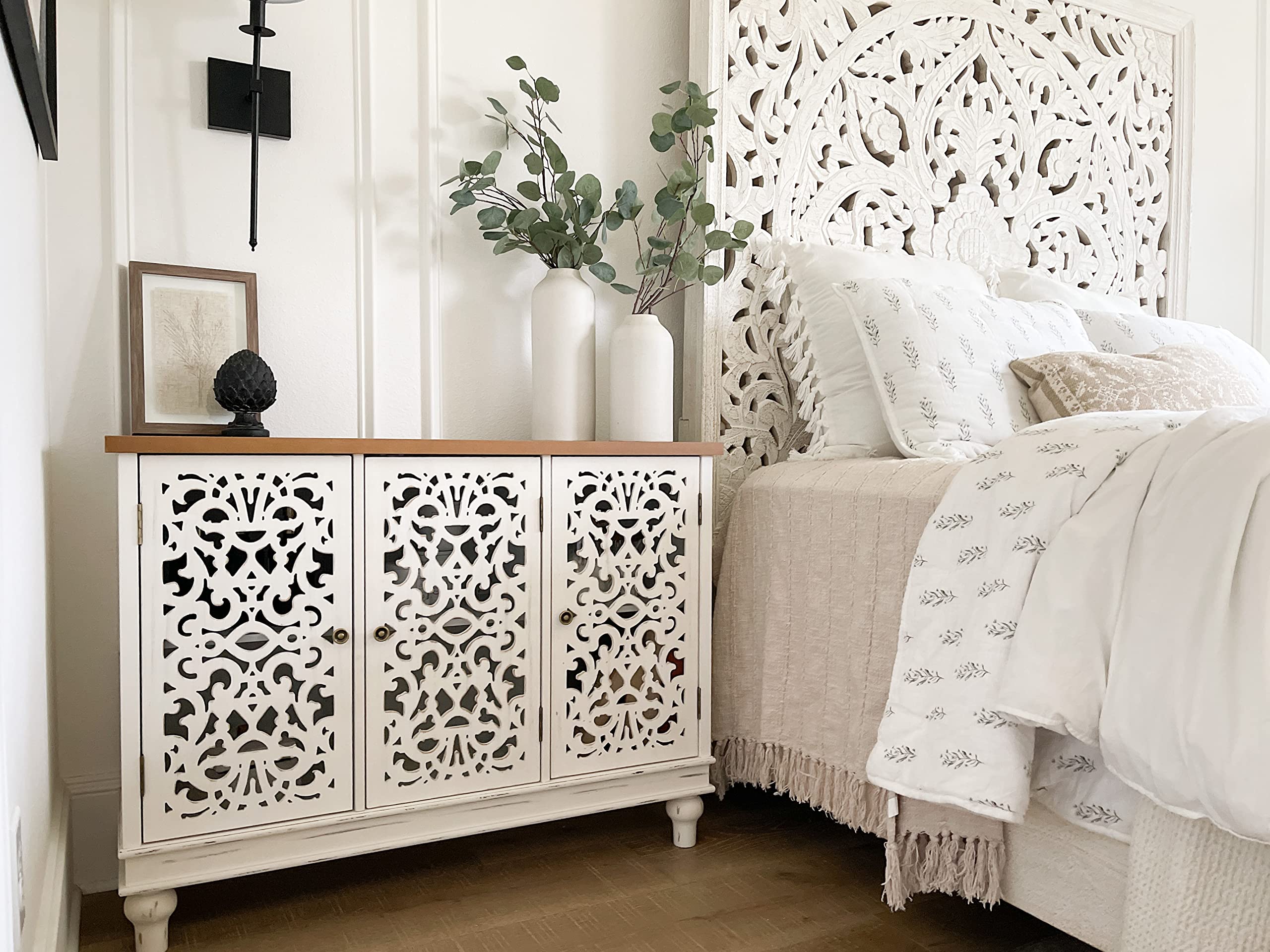 PHI VILLA White Farmhouse Accent Cabinet with Doors - Rustic Credenza Sideboard Buffet Storage Cabinet for Living Room, Dining Room & Entryway - Perfect for Home Decor & Organization