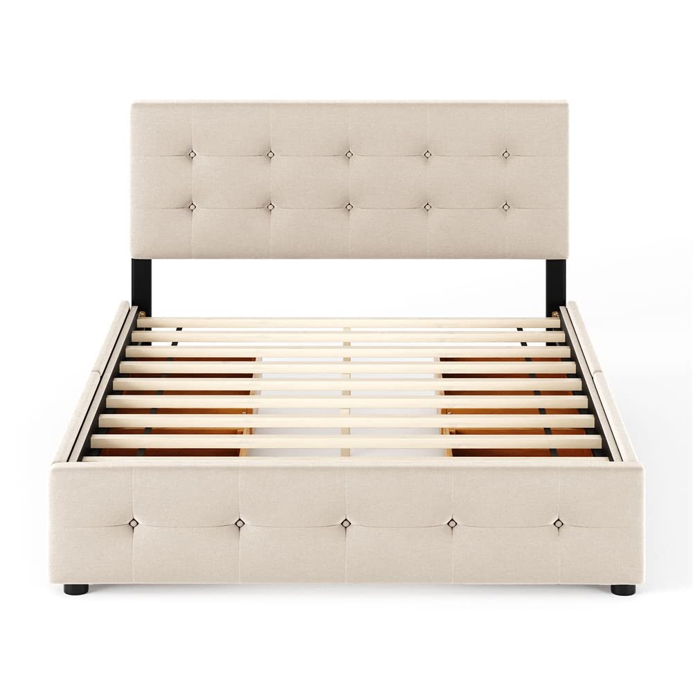 Queen Size Upholstered Storage Bed Frame with 4 Drawers & Headboard - Linen Fabric Wooden Platform Bed - Modern Bedroom Furniture (Beige) - Perfect for Small Space Organization & Master Bedroom Decor