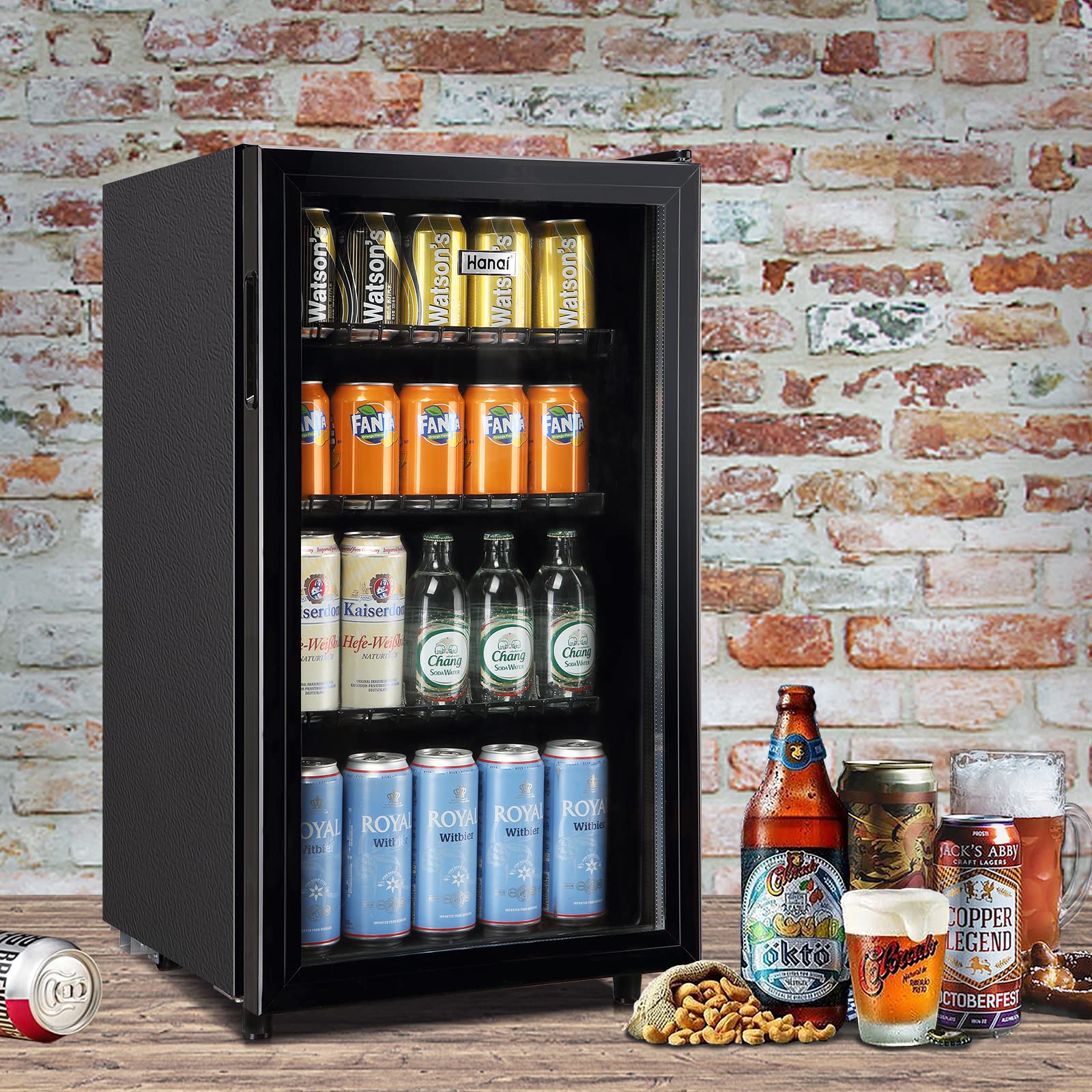 WANAI 125 Can Mini Fridge with Glass Door - Compact Beverage Cooler for Beer, Wine & Juice - Adjustable Shelves & LED Lighting - Perfect for Home, Office, Bar & Dorm Room Use