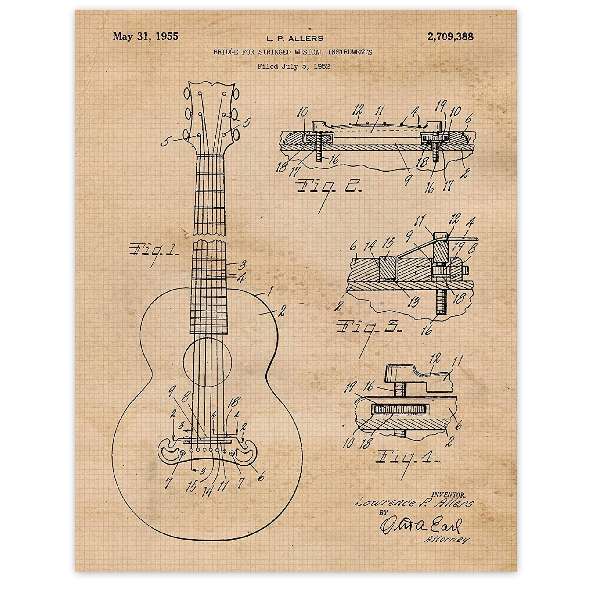 Vintage Guitar Patent Art Print - 11x14 Unframed Wall Decor for Music Lovers | Perfect for Home, Office, Studio & Gifts | Rock & Roll Band Fan Gift, Music Teacher Present, College Dorm Decor