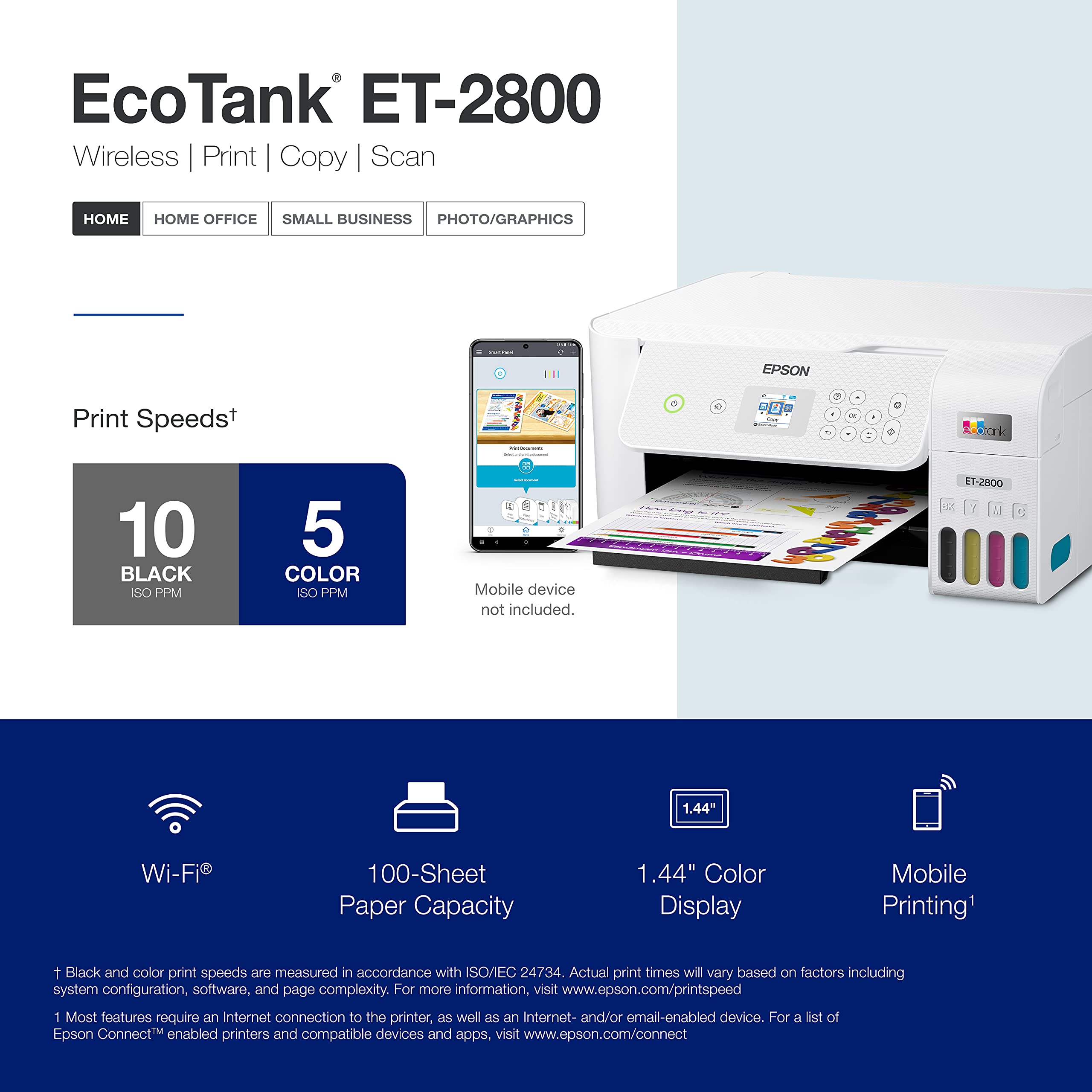 Epson EcoTank ET-2800 Wireless Color All-in-One Printer with Scan, Copy & Cartridge-Free Supertank System - Perfect for Home Office, School & Small Business Printing Needs - White