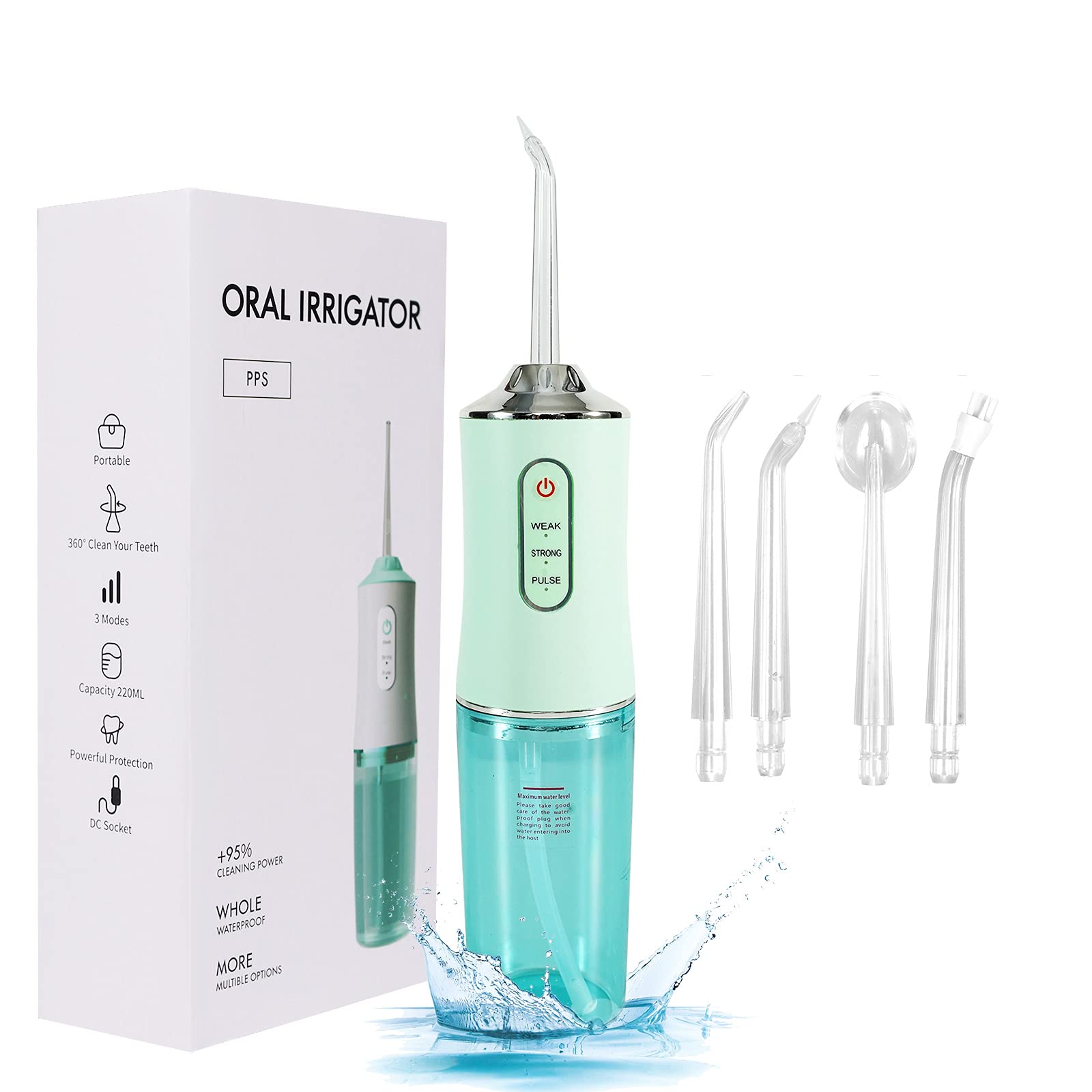 Professional Cordless Water Flosser for Teeth - Electric Dental Oral Irrigator with 4 Jet Tips, DIY Mode, IPX7 Waterproof, Rechargeable & Portable | Perfect for Home Use & Travel (Green)