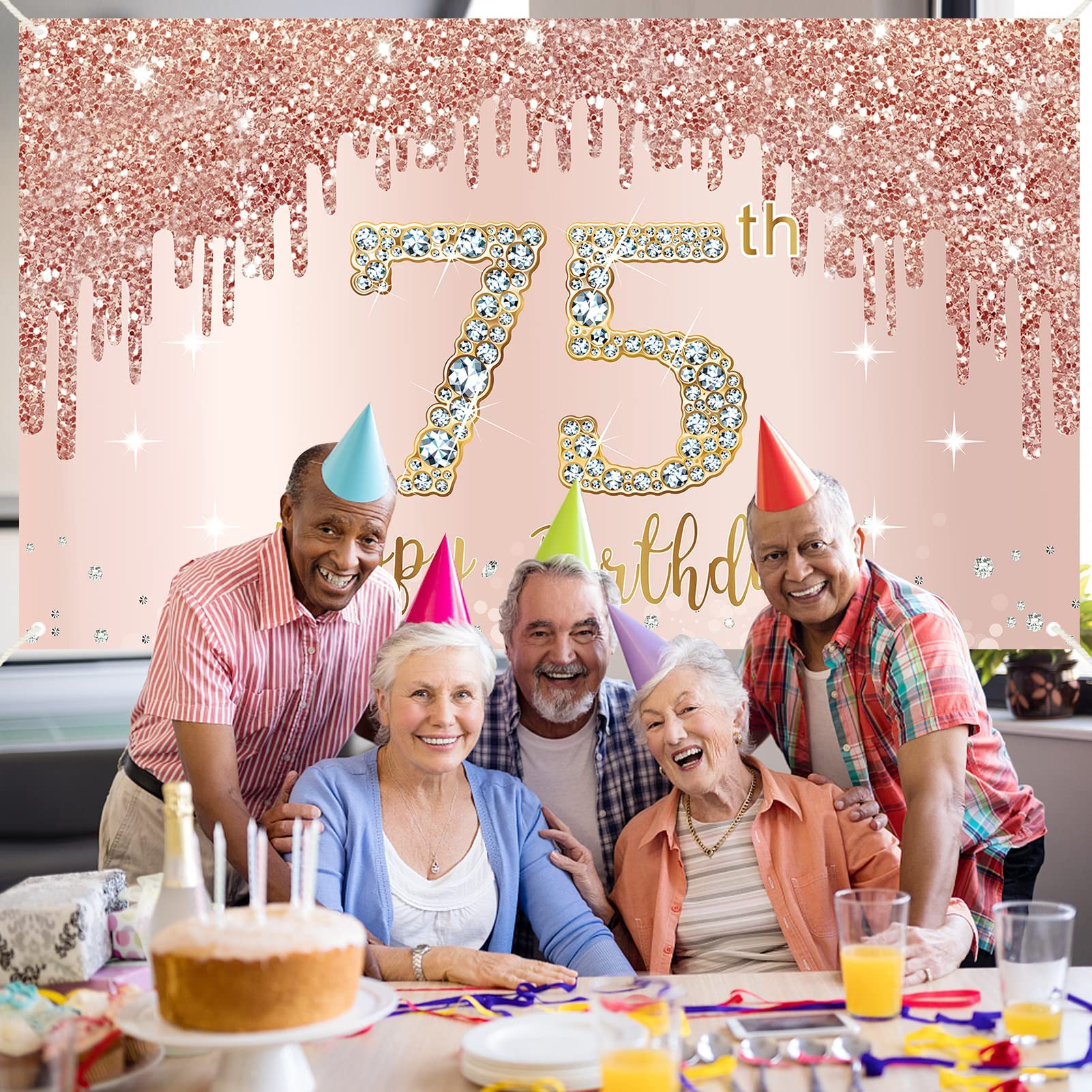 Rose Gold 75th Birthday Banner Backdrop Decorations - Elegant Pink 75 Year Old Party Sign Supplies for Women | Perfect for Photo Booth Props, Birthday Party Decor & Milestone Celebration Backgrounds