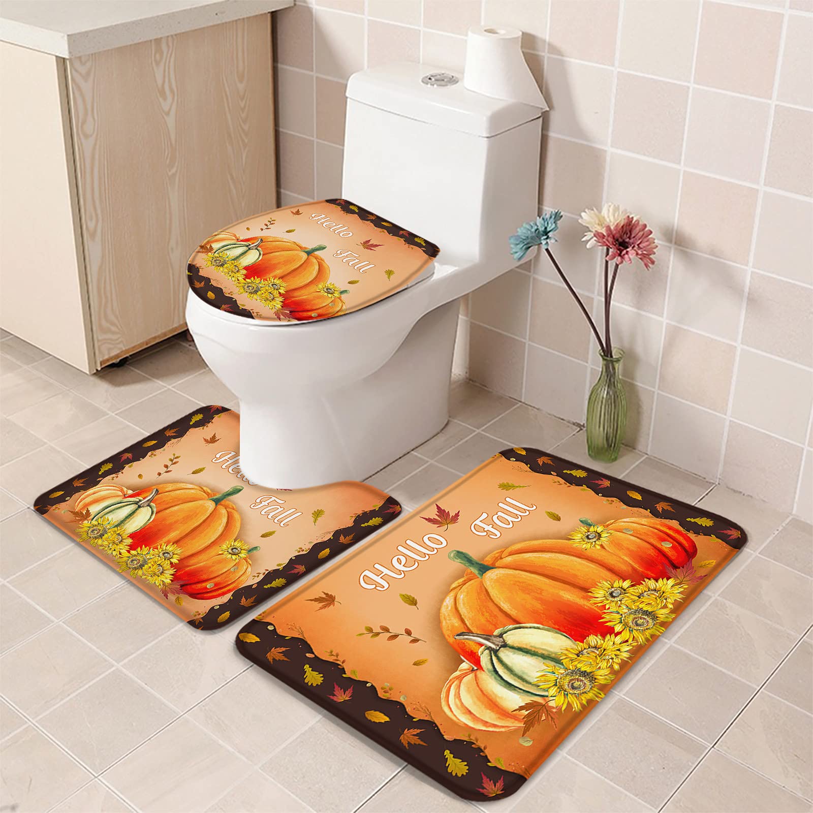 3-Piece Bathroom Rug Set - Non-Slip Absorbent Watercolor Pumpkin & Maple Leaves Design with Contour Mat & Toilet Cover | Fall Thanksgiving Decor for Bathroom, Tub & Shower | Soft & Cozy Home Accessories