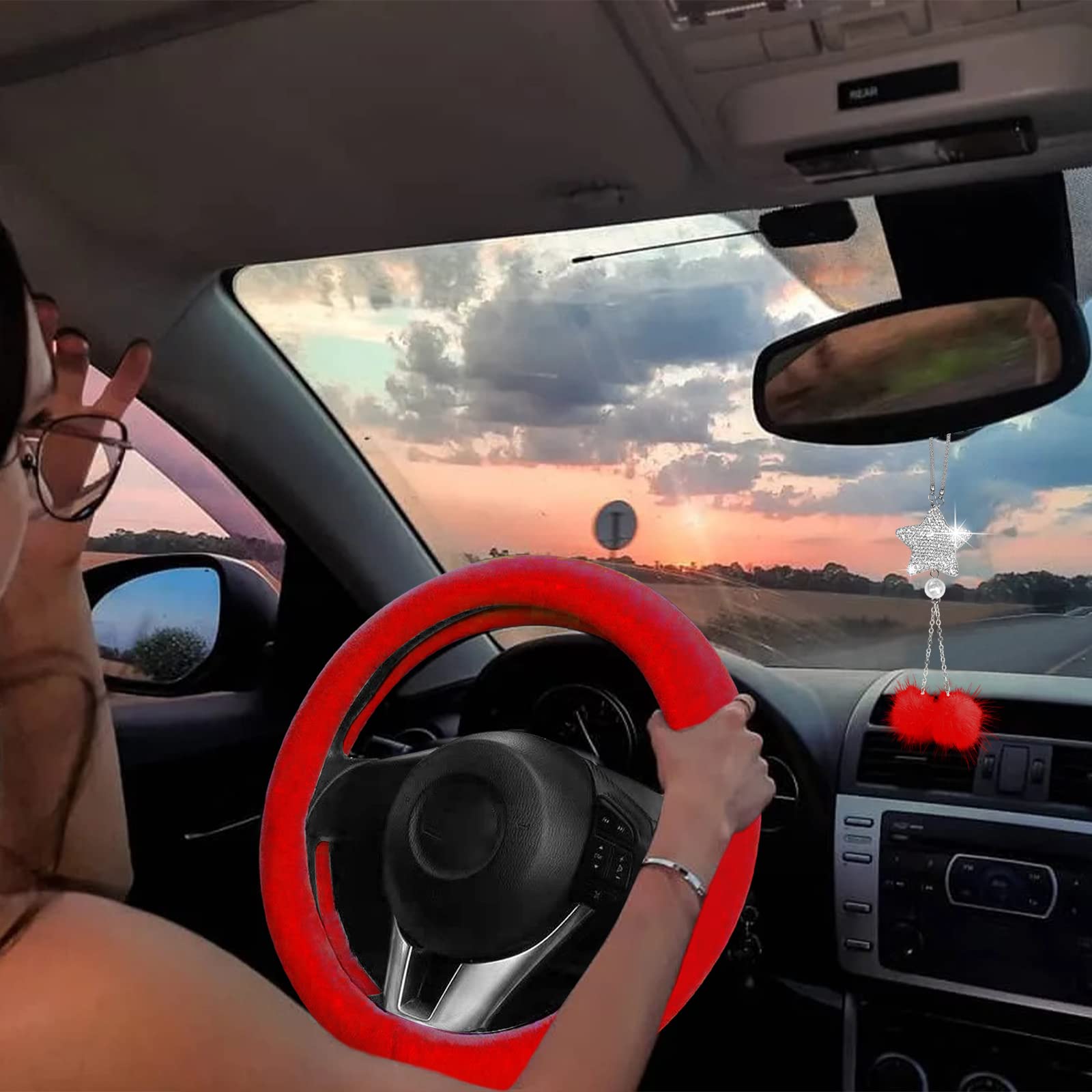 Fluffy Car Accessories Set - 9PCS Soft Fleece Steering Wheel Cover for Women, Non-Slip Warm Car Decor for Winter Driving