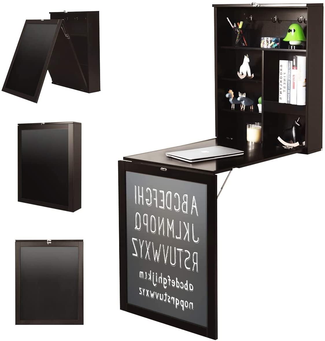 GRAFFY Wall Mounted Folding Desk with Chalkboard - Space Saving Floating Desk with Storage Shelves & Hooks, Multi-Functional Home Office Computer Desk & Laptop Workstation (Brown) - Perfect for Small Spaces, Apartments & Dorm Rooms
