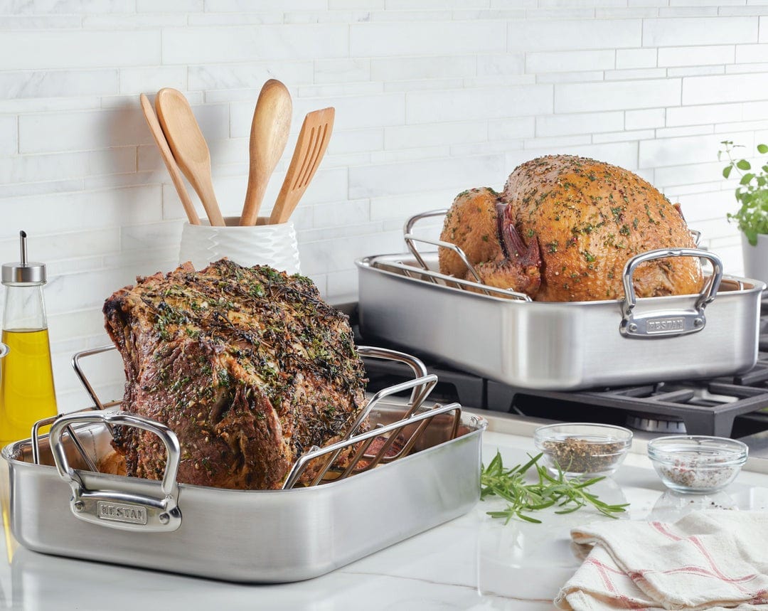 Hestan Provisions Large Classic Roaster with Rack - 16.5 x 11.75 x 3.5 Inches - Premium Stainless Steel Roasting Pan for Turkey, Chicken, Beef - Perfect for Thanksgiving, Holiday Dinners & Family Gatherings