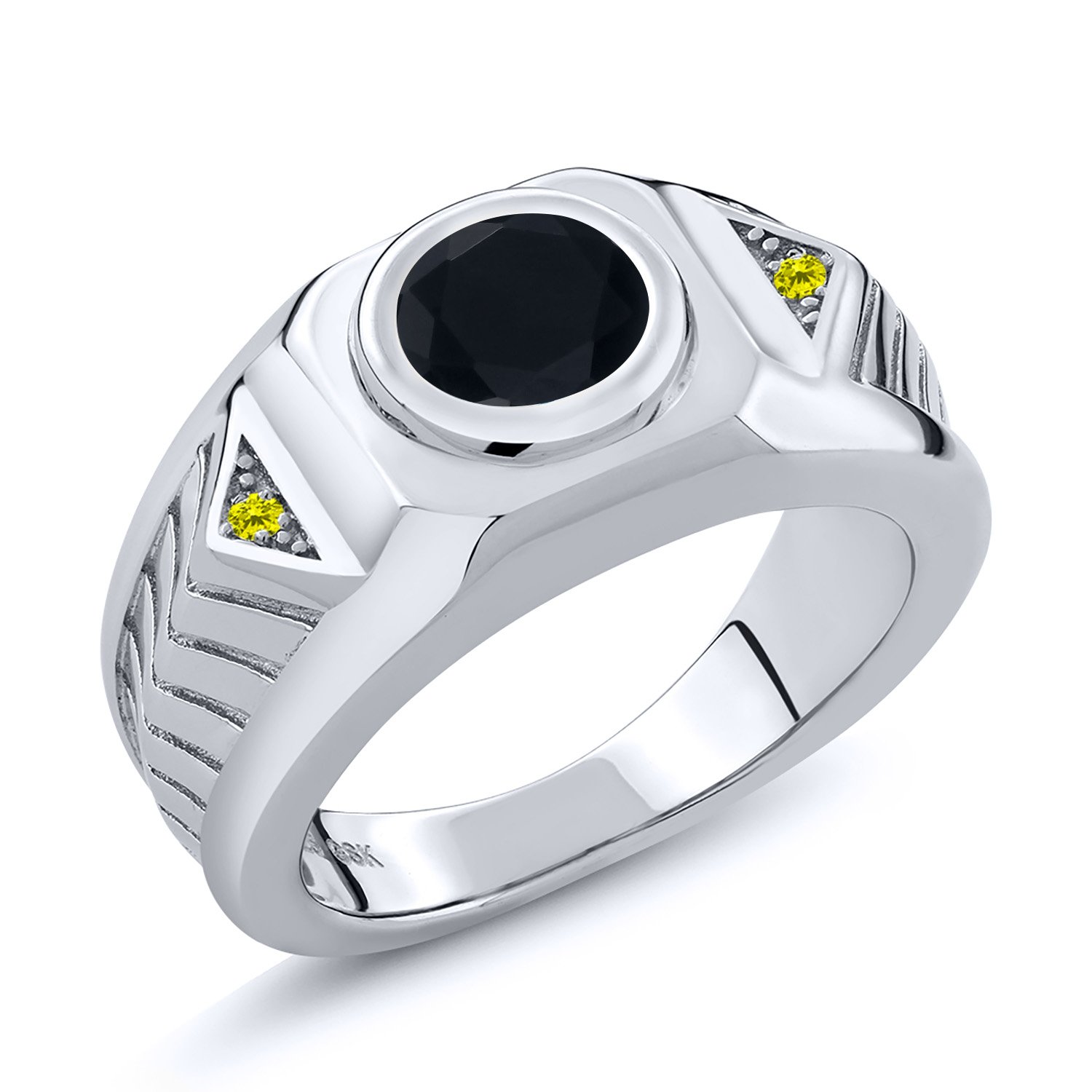 1.68 Ct Round Black Onyx & Canary Diamond 925 Sterling Silver Men's Ring | Gem Stone King | Elegant Wedding Band & Anniversary Gift for Him