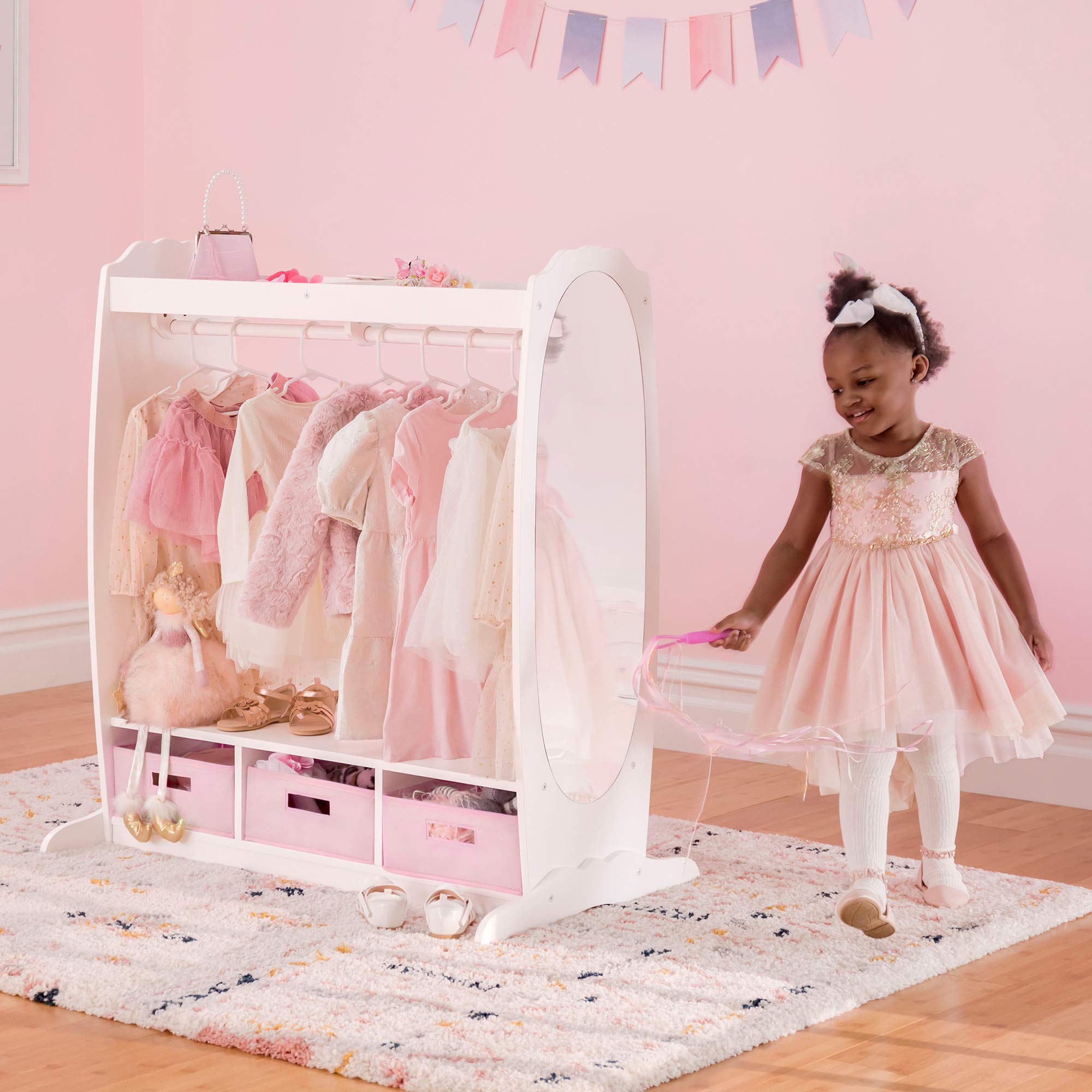 Guidecraft White Dress Up Storage for Kids - Toddler Costume Rack with Mirror & Fabric Bins | Playroom Organization, Preschool Dress-Up Corner, Bedroom Closet Storage Solution