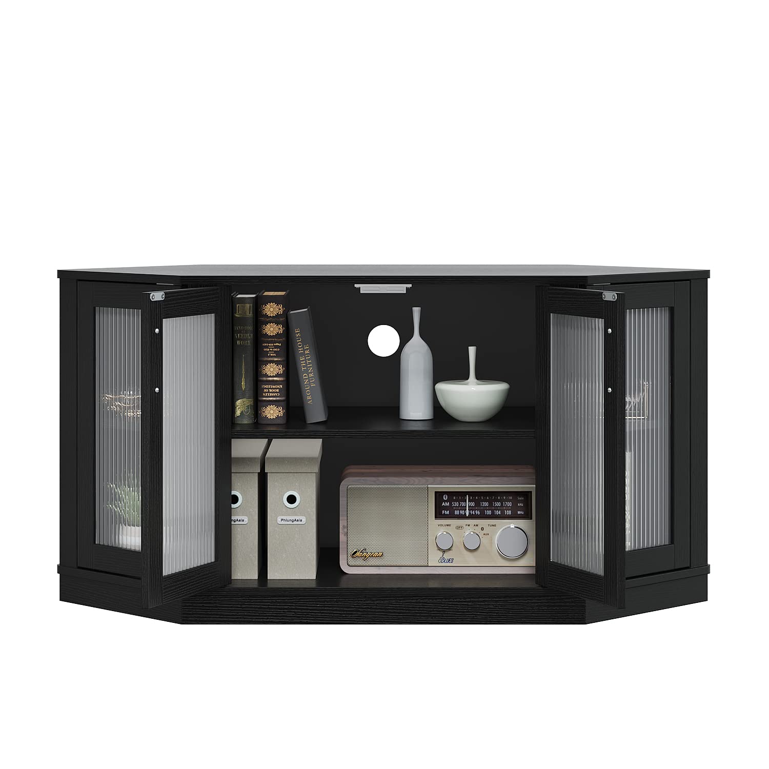 Panana 47 Inch Corner TV Stand with 4 Doors & Shelves - Black Entertainment Center for TVs up to 51 Inch, Living Room Storage Cabinet for Gaming Consoles, Media Players & Home Theater Setup