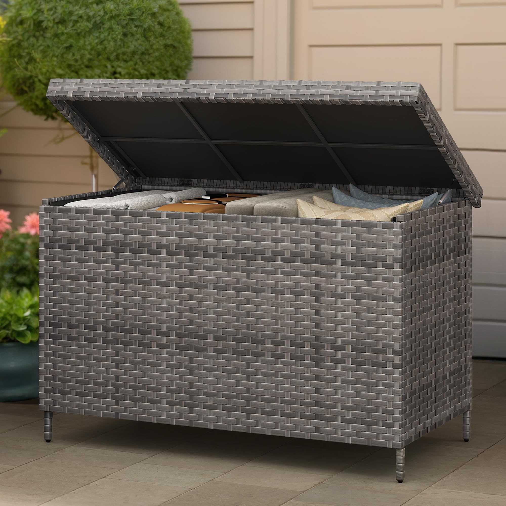 YITAHOME 230 Gallon Outdoor Storage Box - XXL All-Weather Wicker Deck Box for Patio Furniture, Cushions, Pool Accessories & Garden Tools (Grey) - Perfect for Backyard, Poolside & Garden Organization