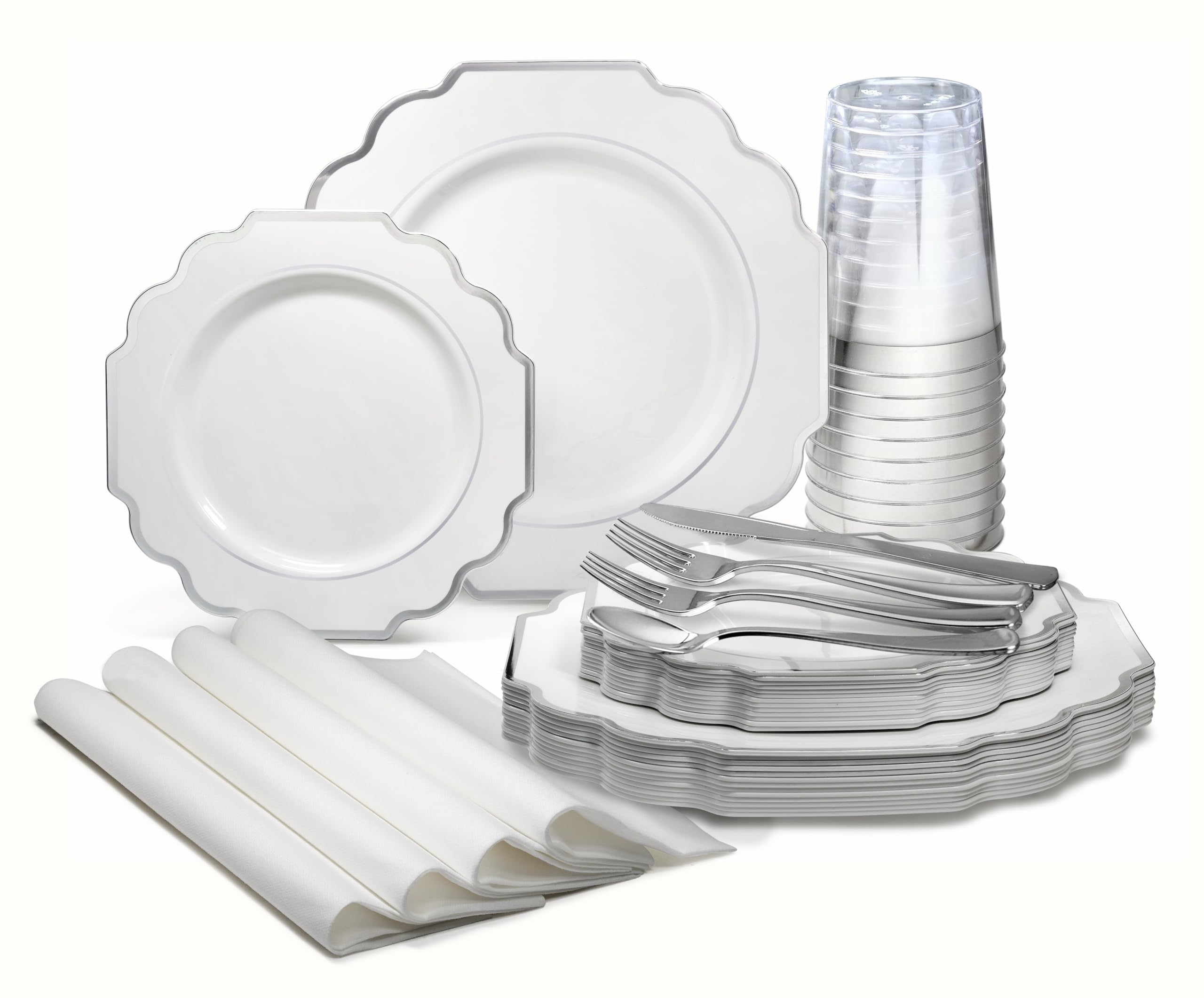 960-Piece Heavyweight Disposable Plastic Plate Set for Weddings & Parties - Includes 120 x 10.5'' Plates, 120 x 8'' Plates, Silverware, Cups & Napkins (White with Silver Rim) - Perfect for Large Gatherings, Catering Events & Special Occasions