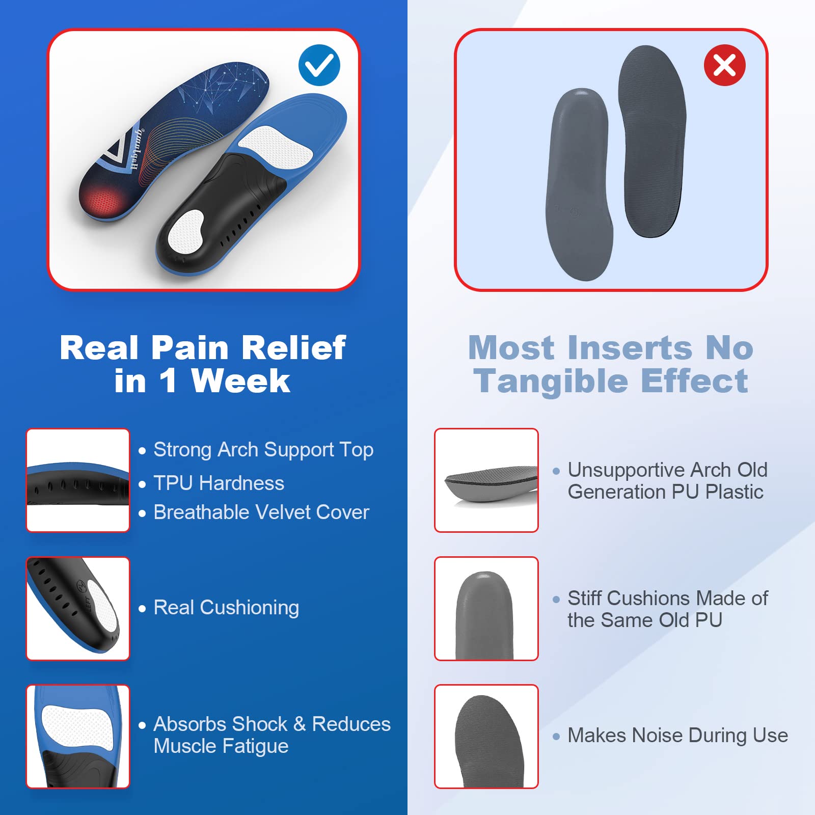 Plantar Fasciitis Pain Relief Insoles - Arch Support Orthotics for Flat Feet - Motion Control Shoe Inserts for Work Boots - Comfortable Foot Support for Men & Women - Improves Balance & Posture - Perfect for Running, Walking & Standing All Day