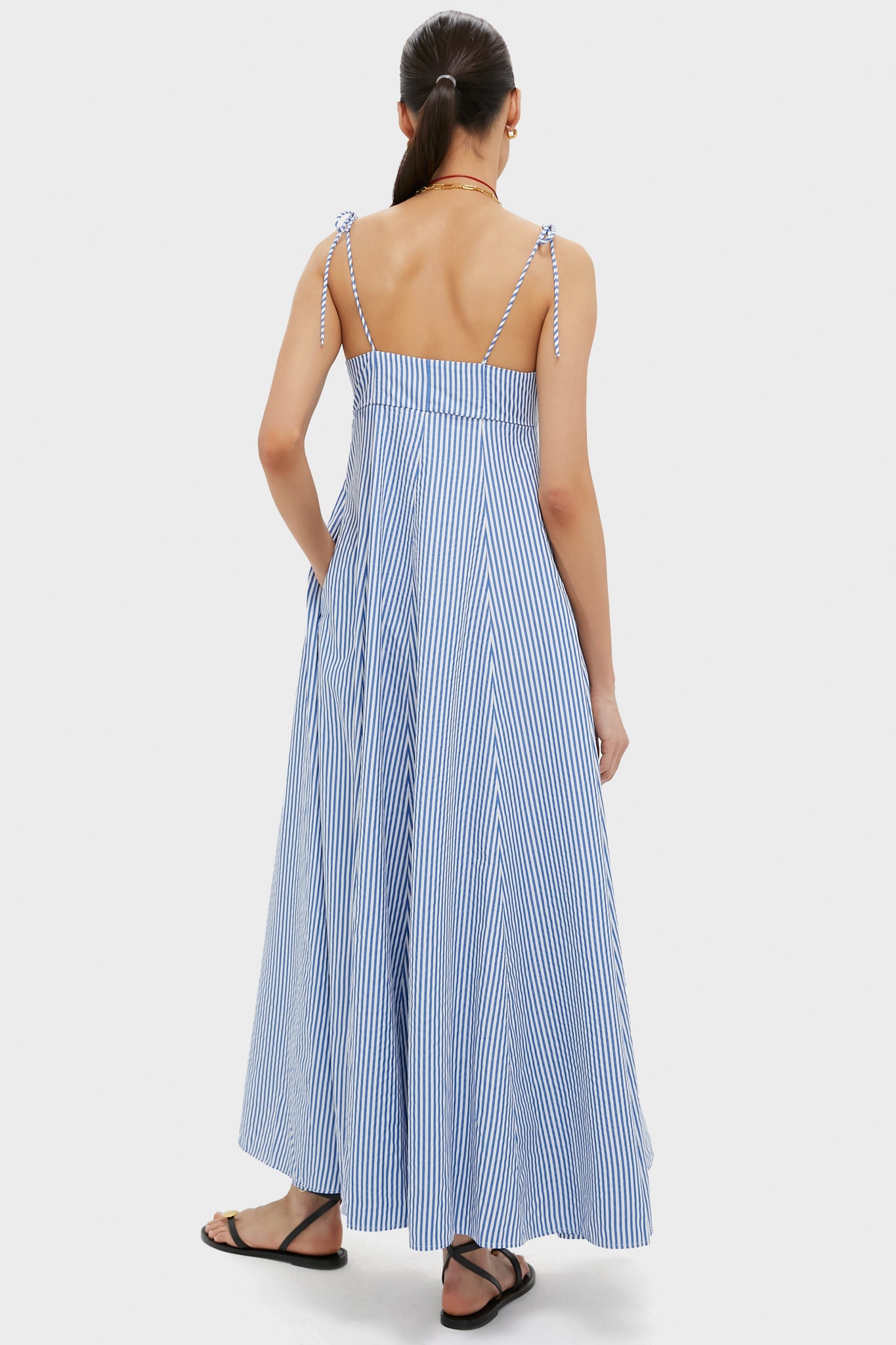 Blue Stripe High Garden Maxi Dress for Women - Flowy Summer Beach Dress with Pockets | Perfect for Vacations, Weddings & Outdoor Parties