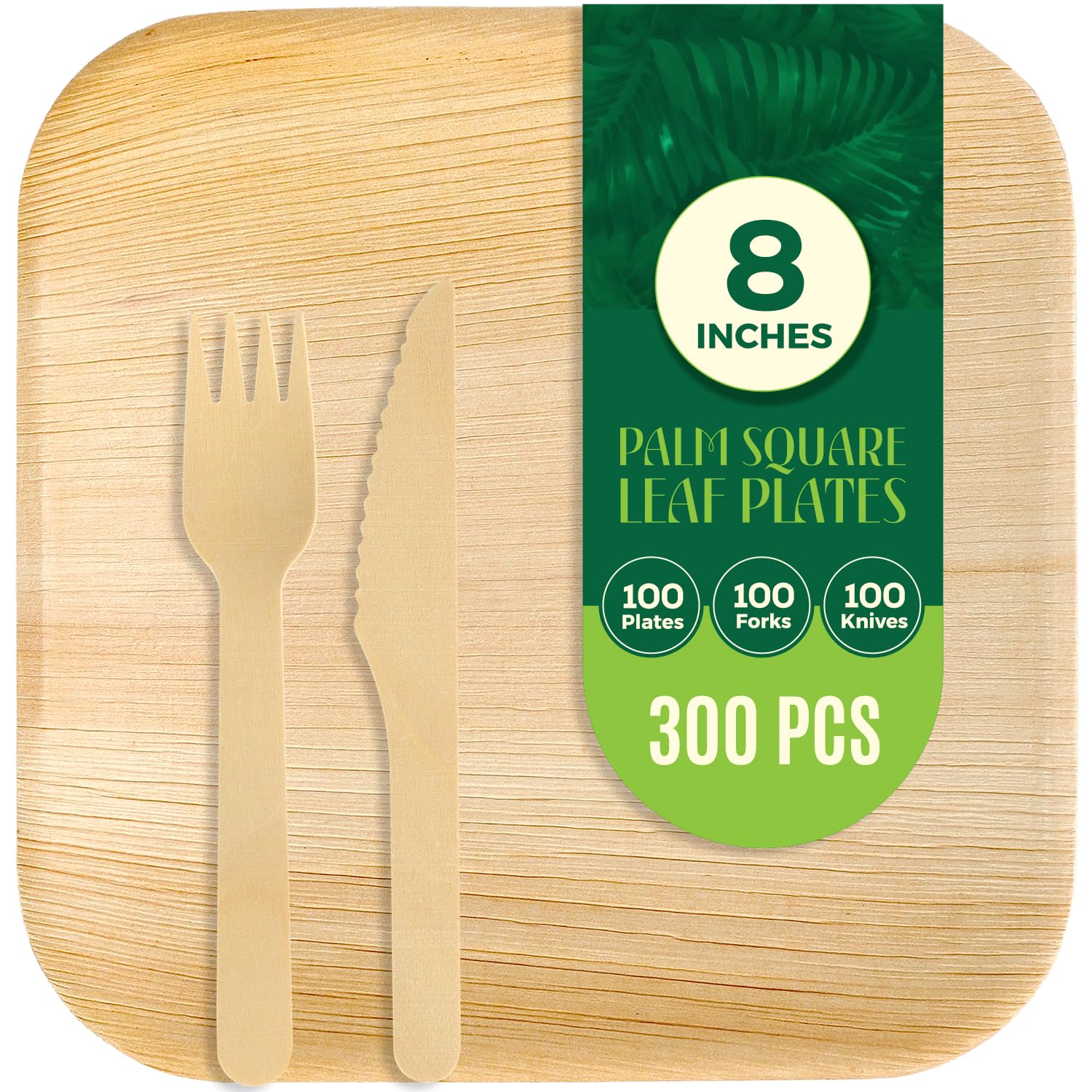 300-Pack Eco-Friendly Compostable Square Palm Leaf Dinnerware Set - 100 of 8