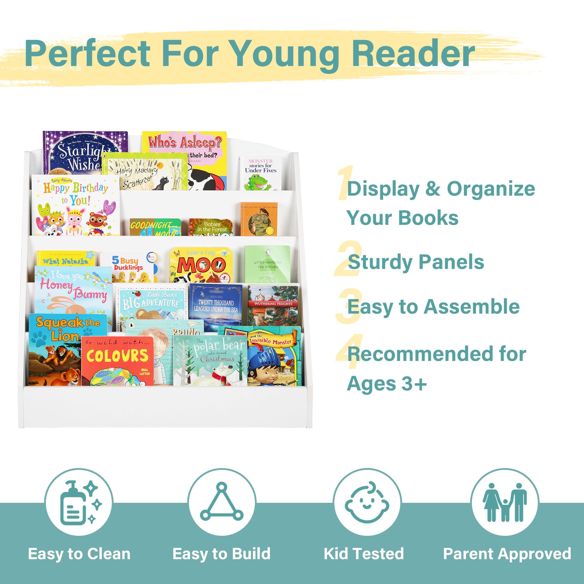 TOETOL 5-Tier Wooden Kids Bookshelf - Sturdy Toddler Book Display Organizer for Classroom, Playroom & Nursery - White Children's Book Storage Rack - Perfect for Daycare, Homeschool & Bedroom Reading Corner