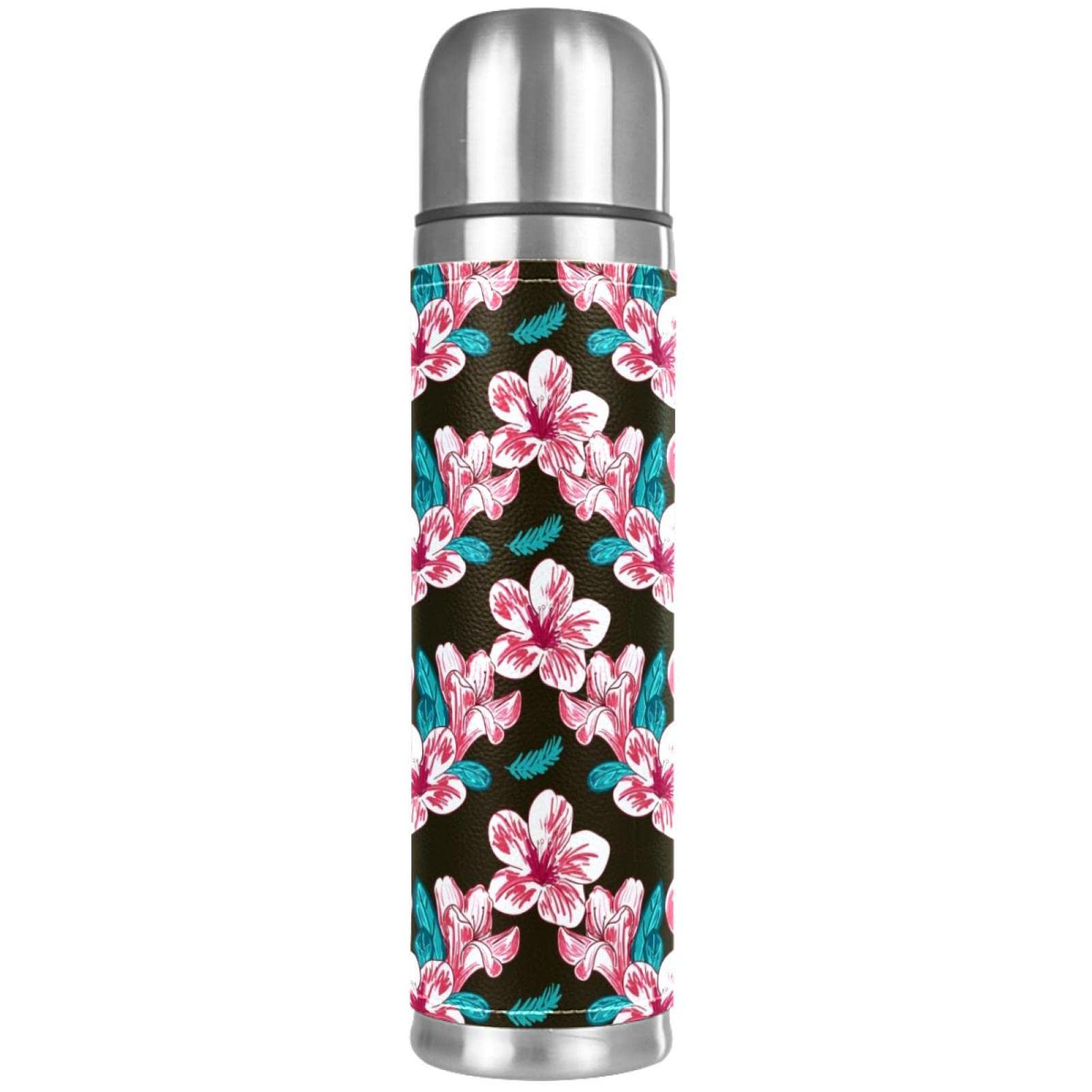 Insulated Water Bottle for Kids - 18oz Leak Proof Thermos with Tropical Black Floral Design | Perfect for School, Hiking & Outdoor Activities