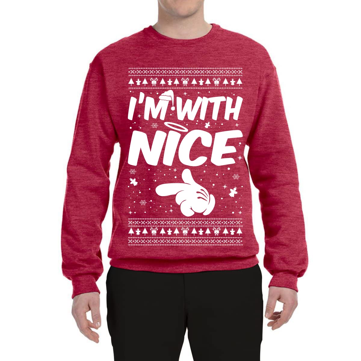 Wild Bobby 'I'm With Nice' Ugly Christmas Sweater - Unisex Crewneck Graphic Holiday Sweatshirt for Xmas Parties & Family Gatherings