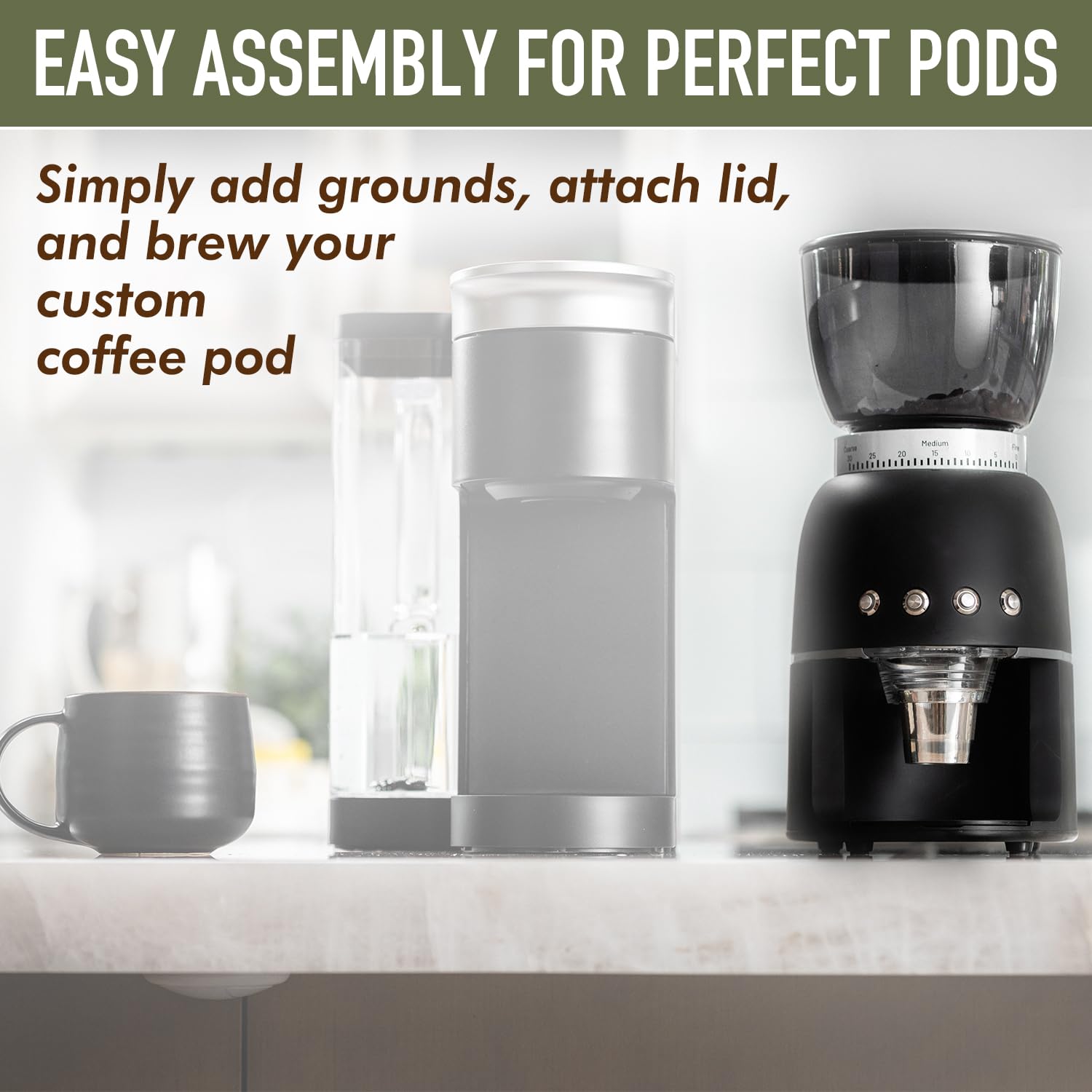 Premium Electric Coffee Grinder for Reusable Pods - Single Serve Burr Grinder for Keurig/Nespresso Machines - Adjustable Fine to Coarse Grind - Perfect for Home, Office & Travel Use - Save Money & Reduce Waste with Fresh Ground Coffee Daily
