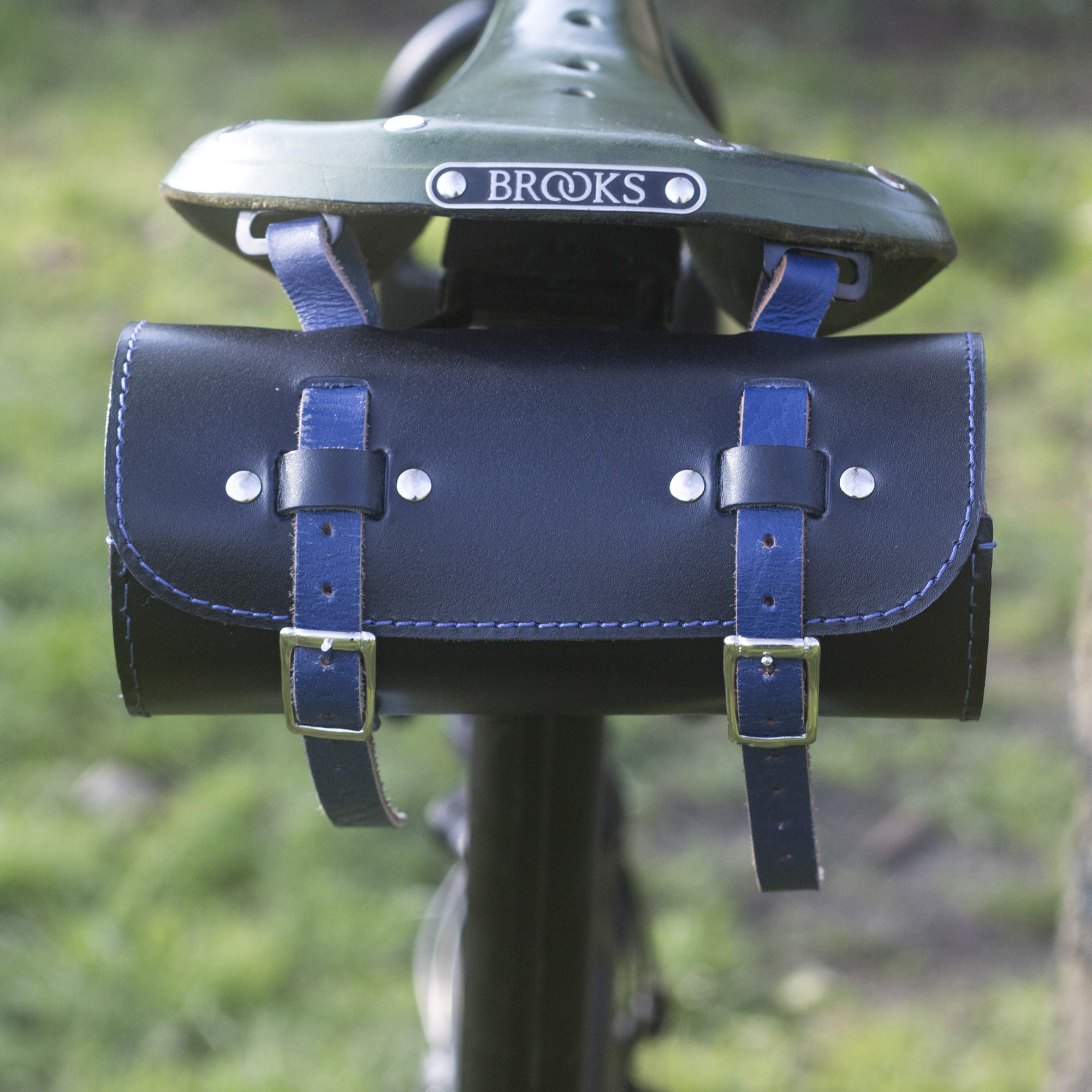 Premium Leather Bicycle Roll Tool Bag - Classic Black & Blue for Cycling, Commuting & Bike Maintenance | Durable & Stylish Bike Accessory