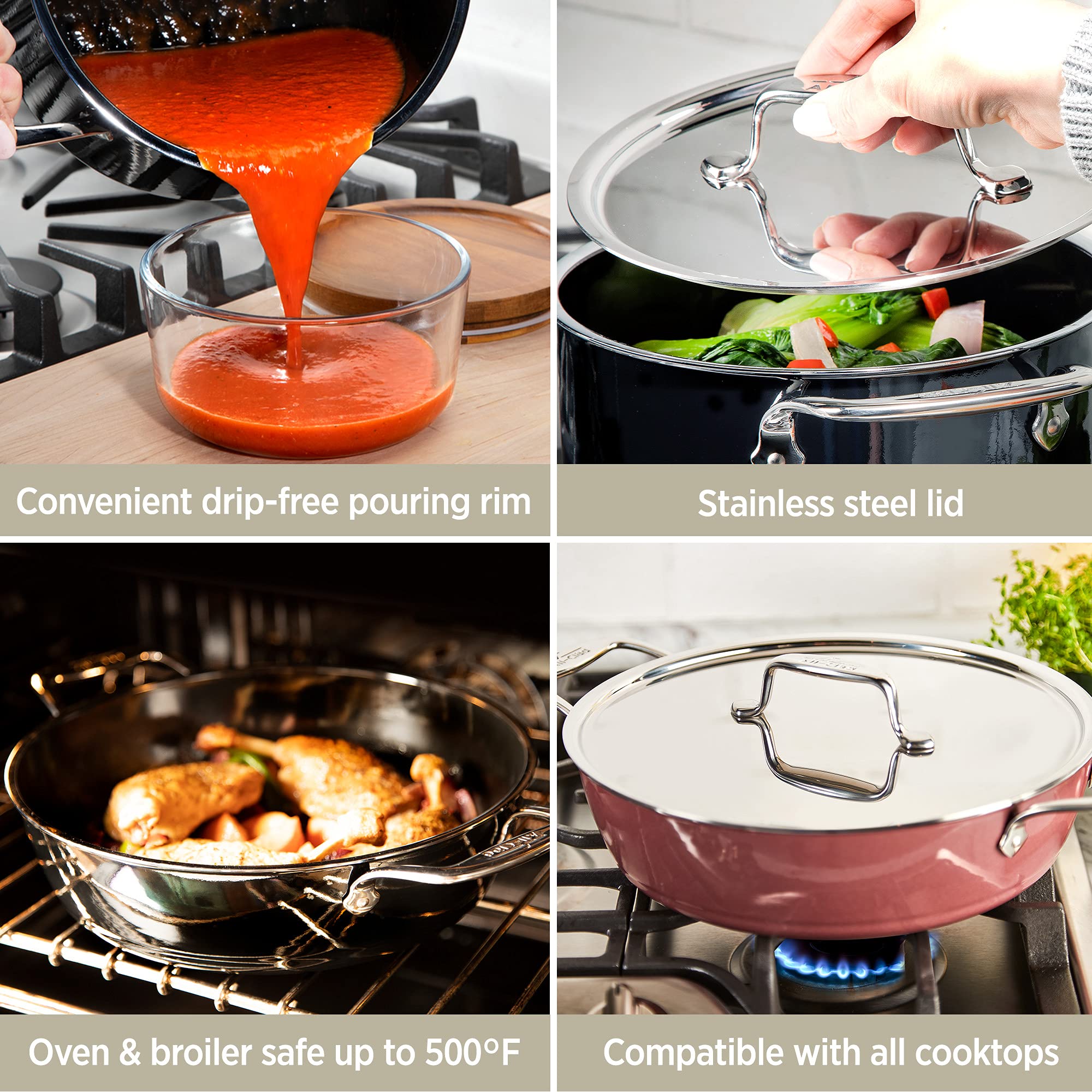 All-Clad FusionTec 4.5 Quart Ceramic Nonstick Universal Pan - Induction, Oven & Broiler Safe (500°F) - Rose Quartz Cookware for Sautéing, Frying & Baking - Perfect for Home Chefs & Professional Kitchens