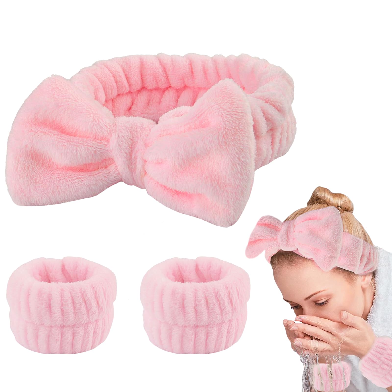 AEGYPIUS 3-Piece Face Wash Headband and Wristband Set - Soft Spa Headbands for Washing Face, Skincare & Makeup Removal - Perfect for Bath, Shower, and Facial Routine (Pink, Blue, White)
