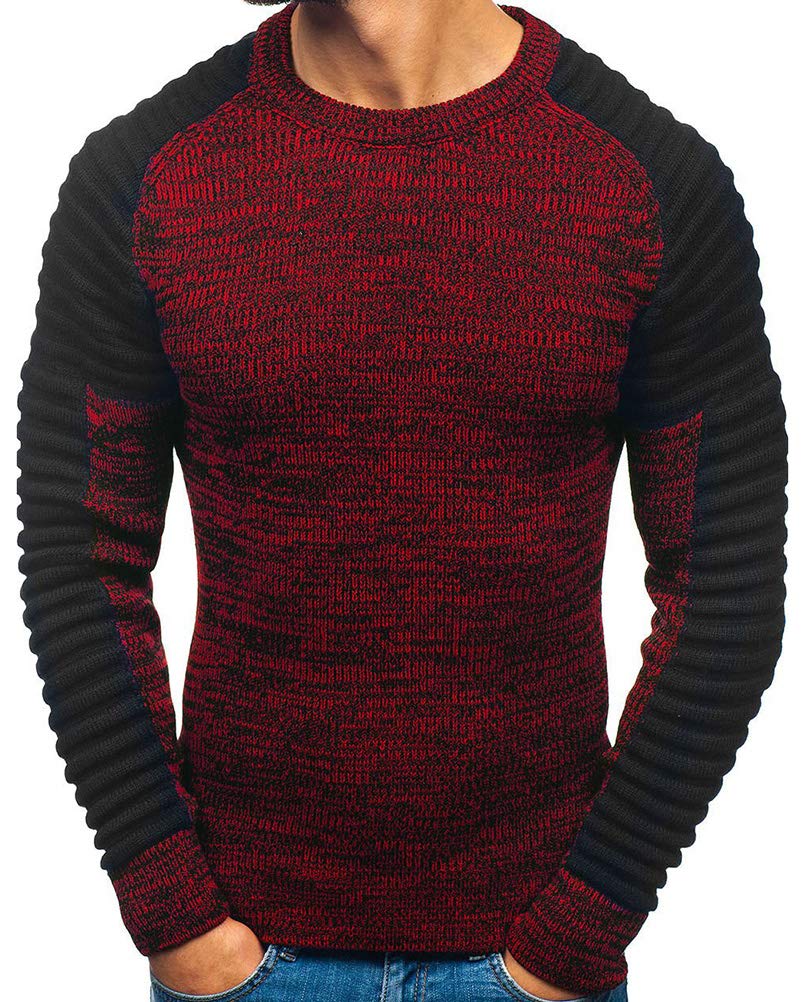 Men's Ruched Patchwork Crew Neck Sweater - Red XL for Casual Wear