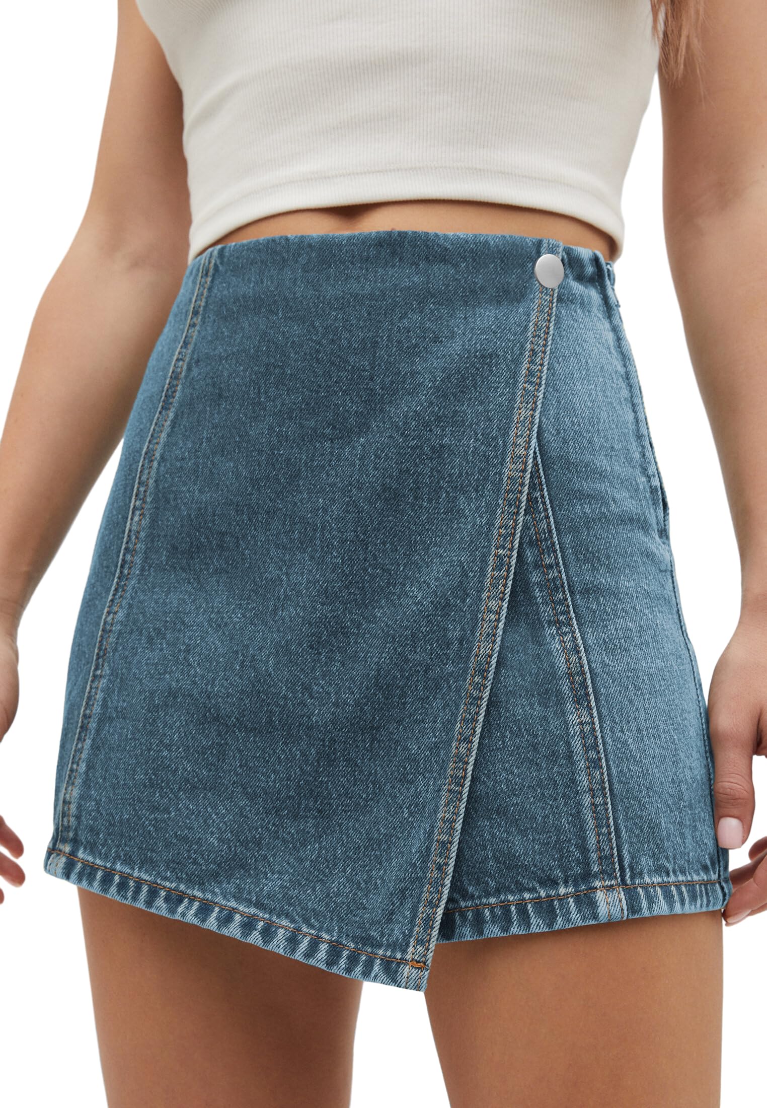 PLNOTME Women's High Waisted Denim Skorts - Stretchy Asymmetrical Hem Jean Skirt Shorts for Summer | Casual Outfits, Beach Wear & Outdoor Activities