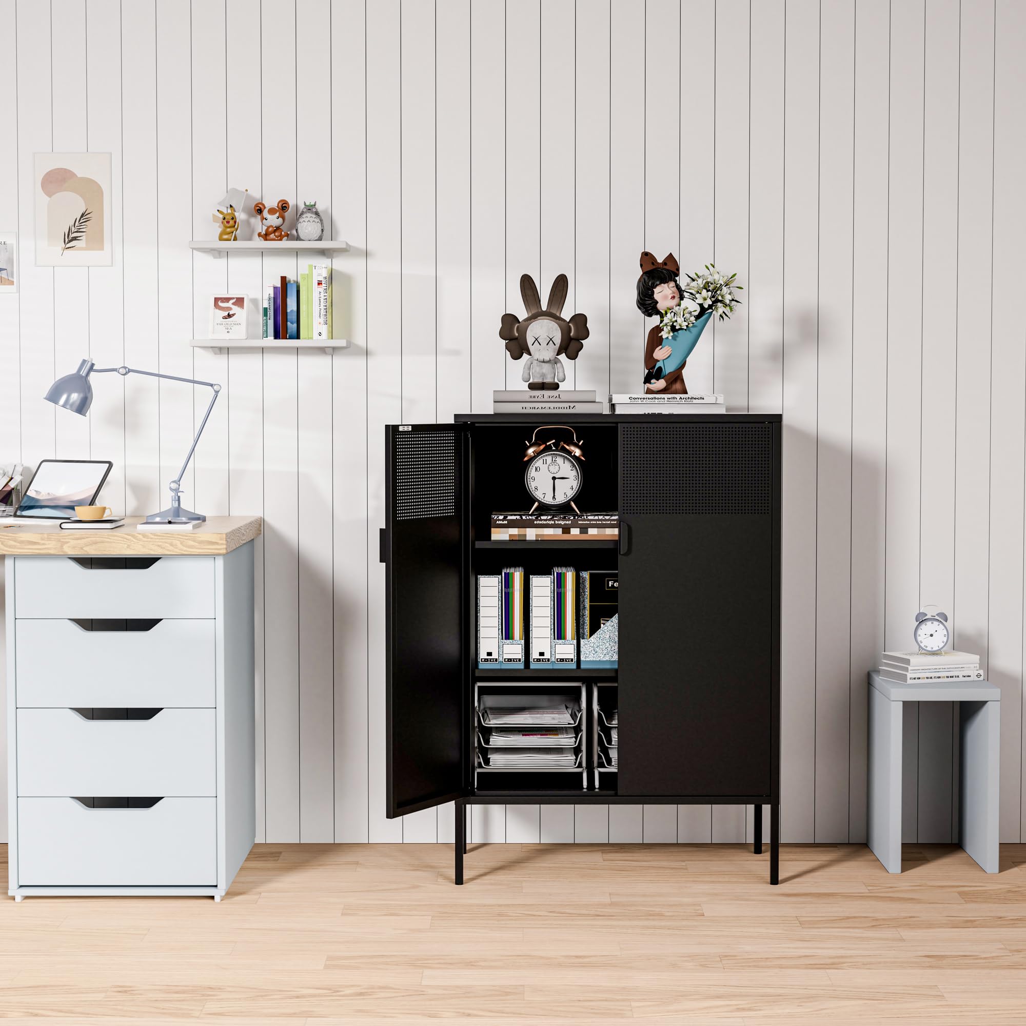 2-Tier Black Metal Mesh Storage Cabinet with Adjustable Shelves - 47