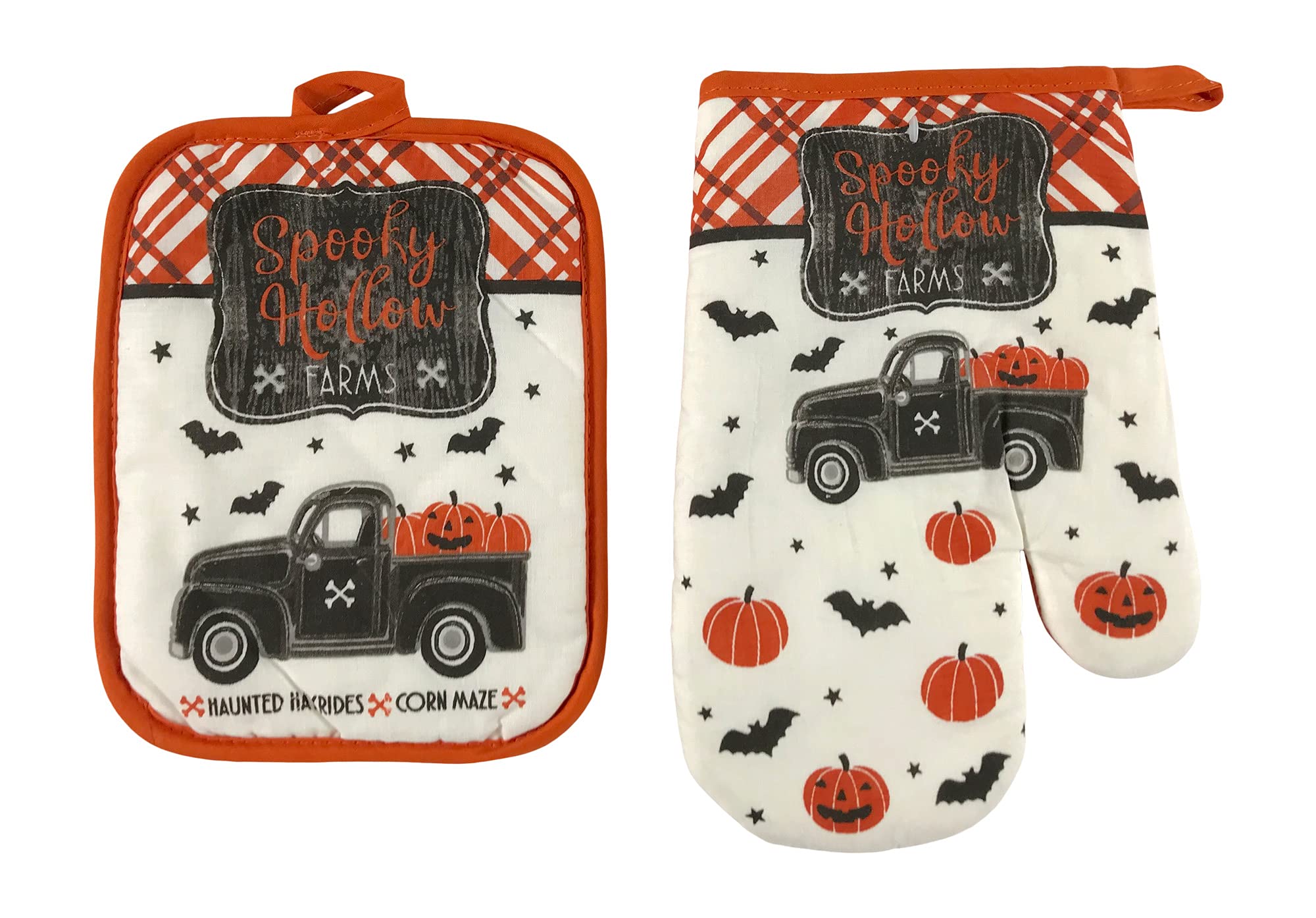 Spooky Halloween Kitchen Dish Towels and Pot Holders Set - Haunted Farm Bats, Jack-o'-Lanterns & Pumpkin Truck Design - Perfect for Halloween Decor, Cooking & Gift Giving