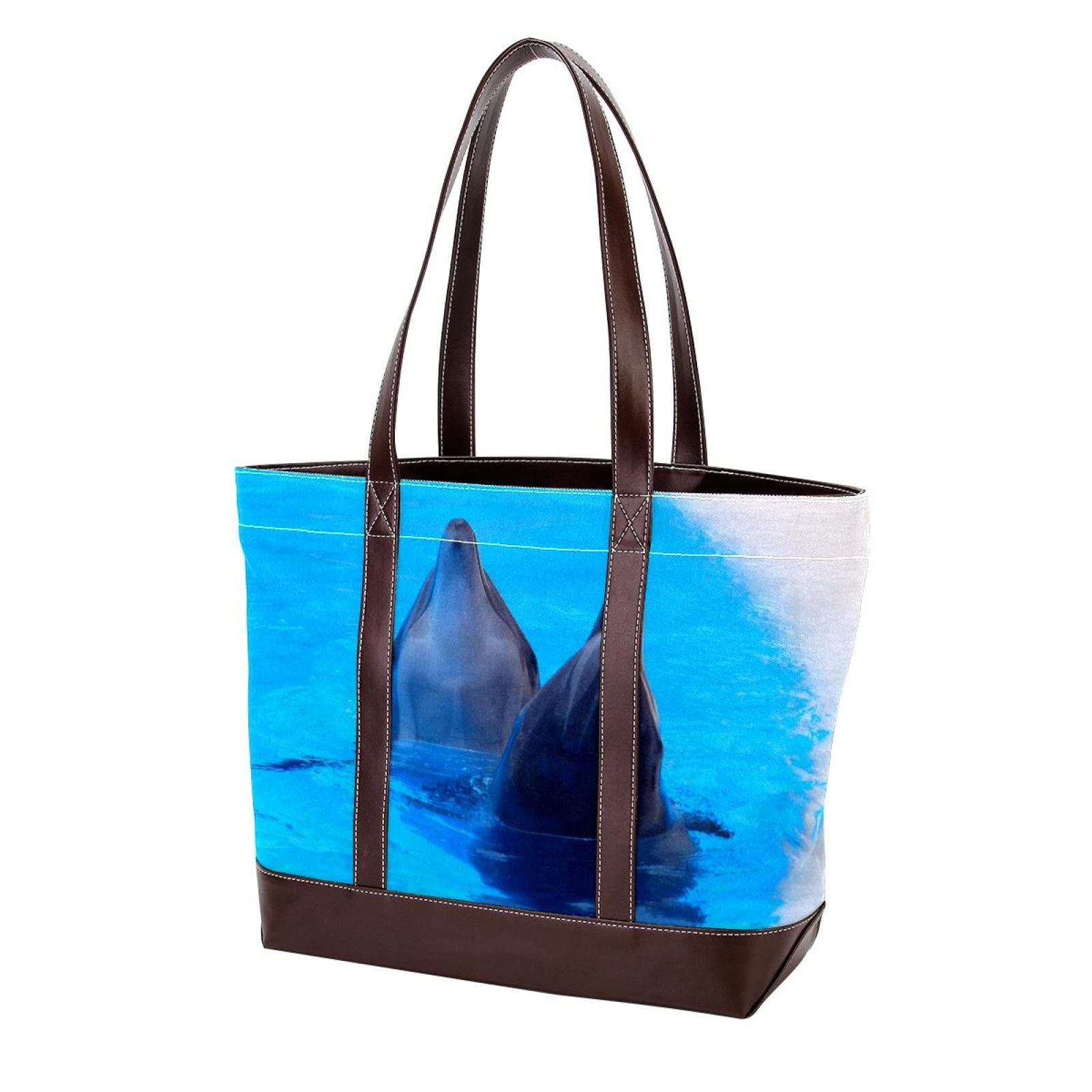 Dolphin Print Tote Bags for Women - Large Leather & Canvas Shoulder Bags, Top Handle Satchel Purses - Perfect for Beach, Travel & Everyday Use