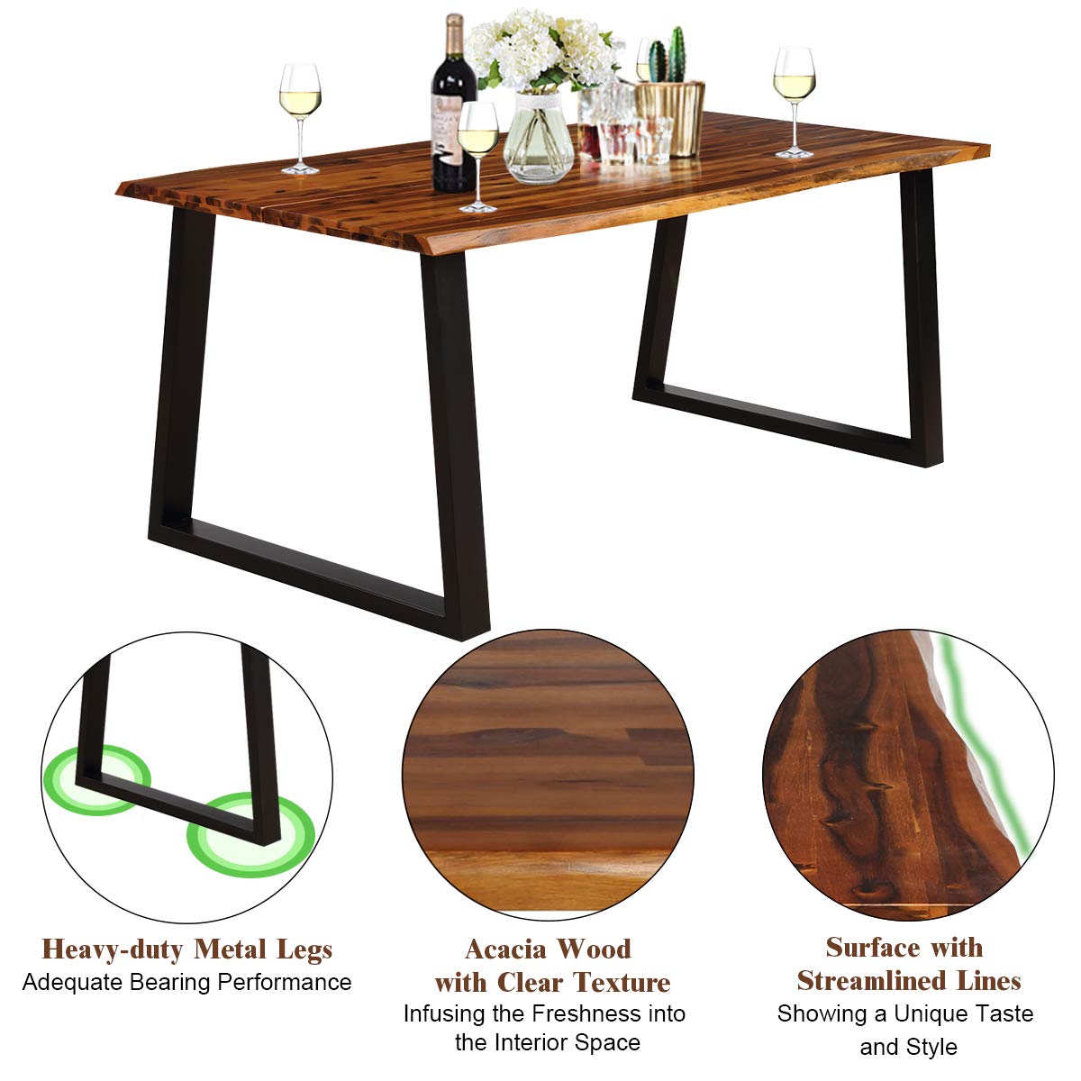 Giantex 6-Person Rectangular Acacia Wood Dining Table - Rustic Farmhouse Style Indoor/Outdoor Patio Furniture Set (Rustic Brown & Black) - Perfect for Backyard BBQs, Family Gatherings & Outdoor Entertaining