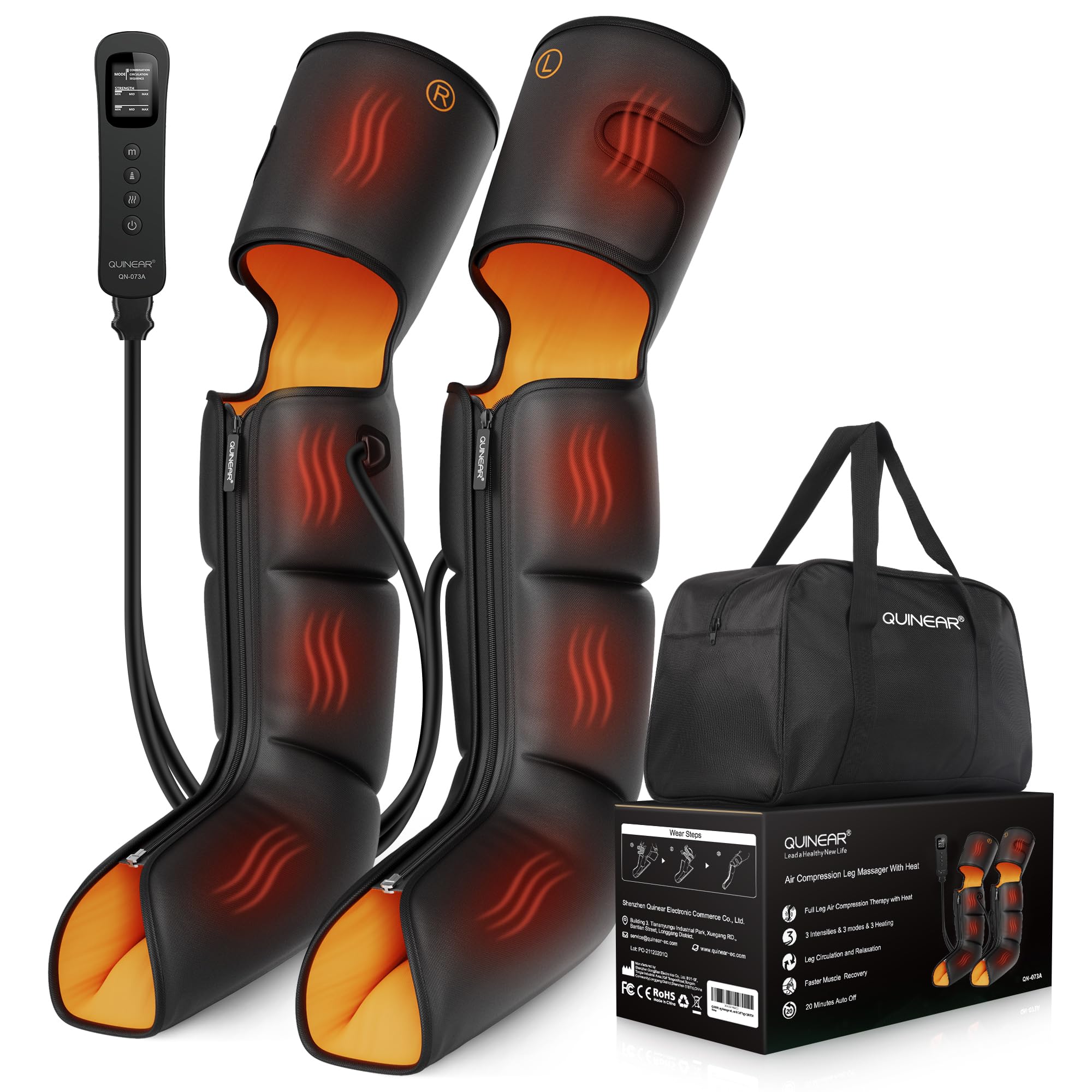 QUINEAR 3-in-1 Leg Massager with Heat & Compression - Foot Calf Thigh Massage Boots for Swollen Legs, Edema, RLS Pain Relief - FSA HSA Eligible - Perfect for Home Relaxation, Post-Workout Recovery & Circulation Improvement