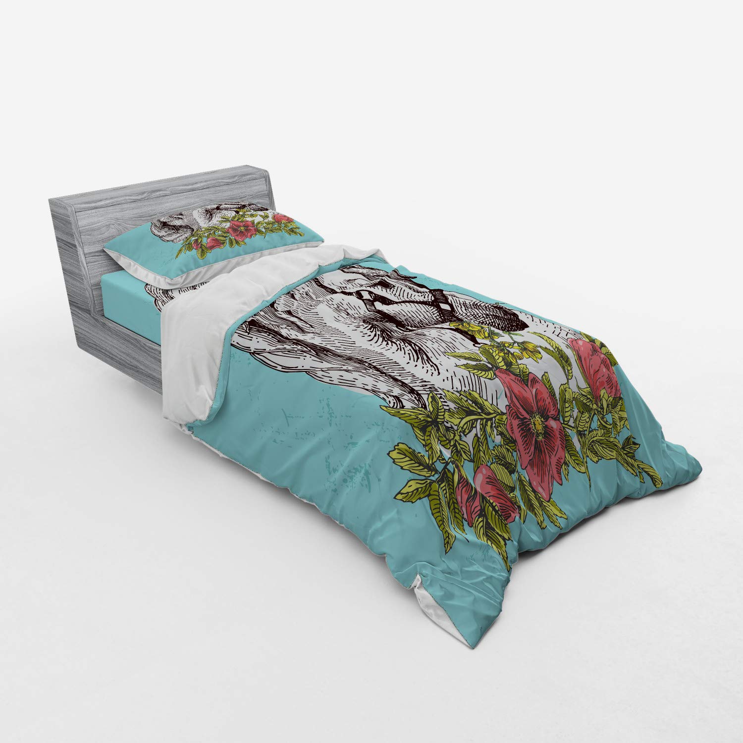 Ambesonne Floral Duvet Cover Set - Bohemian Style Horse Opium Blossoms Poppy Wreath Design, 3-Piece Bedding Set with Pillow Sham & Fitted Sheet, Twin Size, Turquoise Apple Green - Perfect for Boho Chic Bedrooms & Guest Room Decor