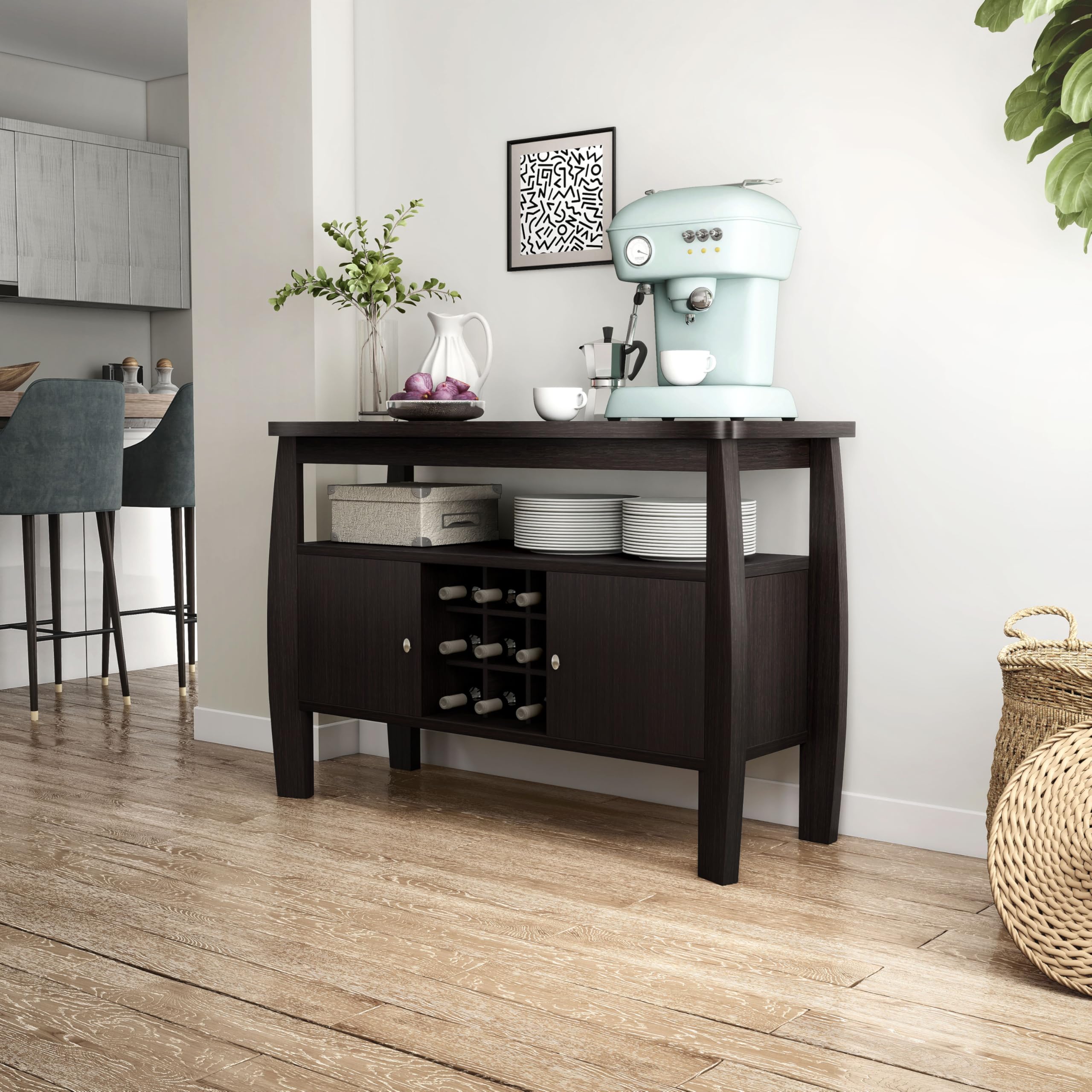 Furniture of America Clyton Modern Kitchen Buffet Storage Cabinet with Doors & Shelves - Wood Sideboard Table, Coffee Bar & 9-Grid Wine Rack for Dining Room, Living Room - Dark Espresso Finish - Perfect for Entertaining, Storage & Home Decor