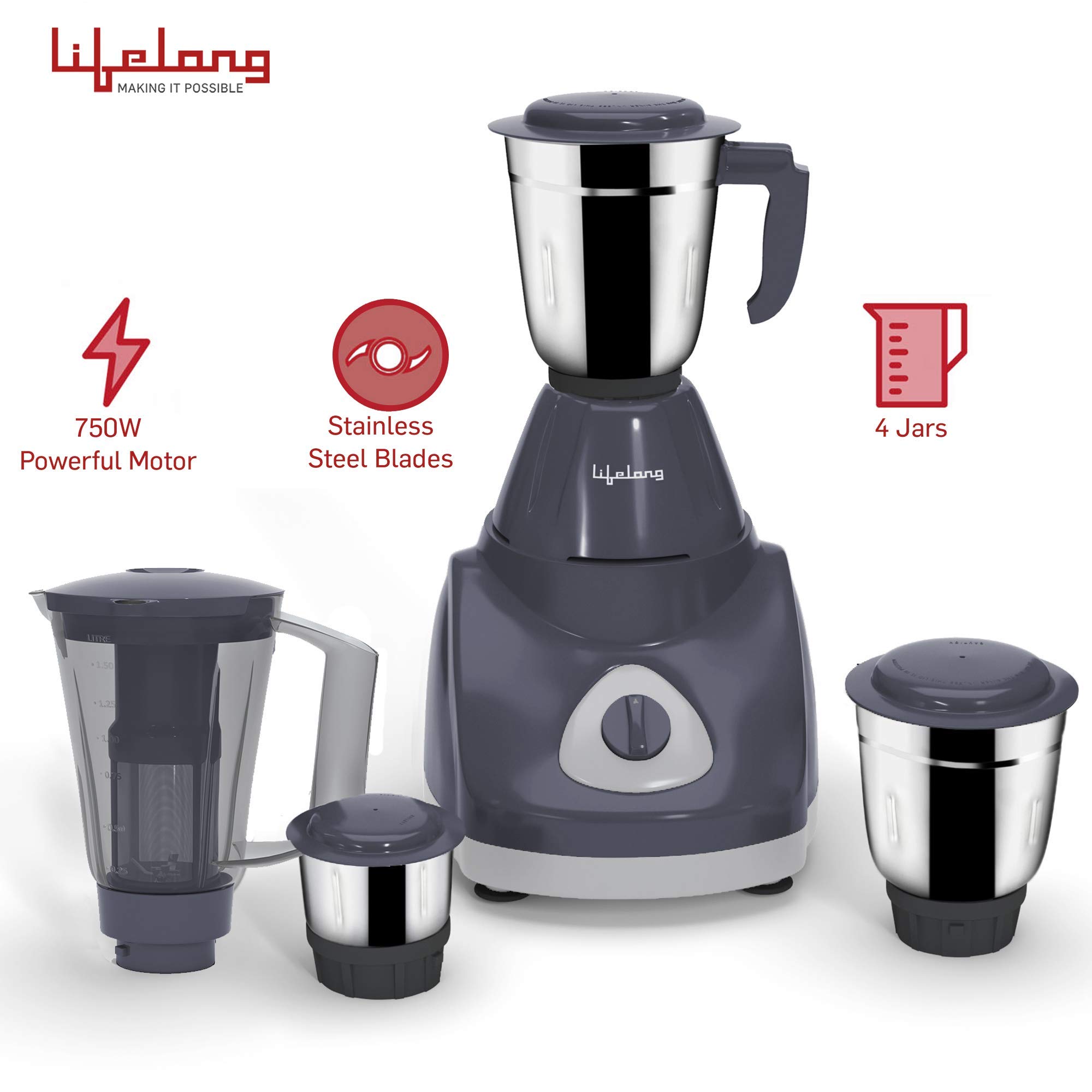 Refurbished Lifelong Power VX 750Watt Juicer Mixer Grinder with 3 Stainless Steel Jars & 1 Juicer Jar (Grey) - Perfect for Smoothies, Juicing & Grinding Spices - LLMG750-cr