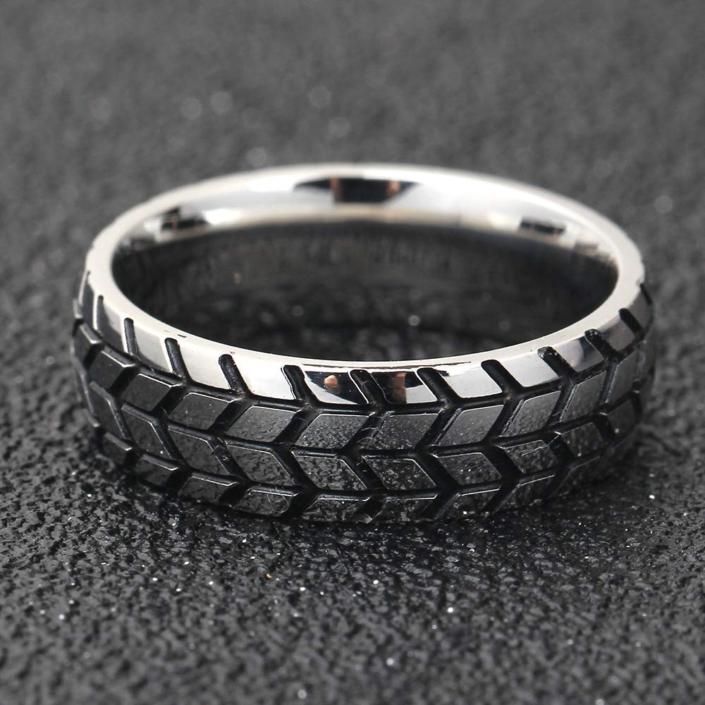 6mm Stainless Steel Tire Tread Motorcycle Band Ring for Men - Rugged Biker Jewelry for Everyday Wear & Motorcycle Enthusiasts