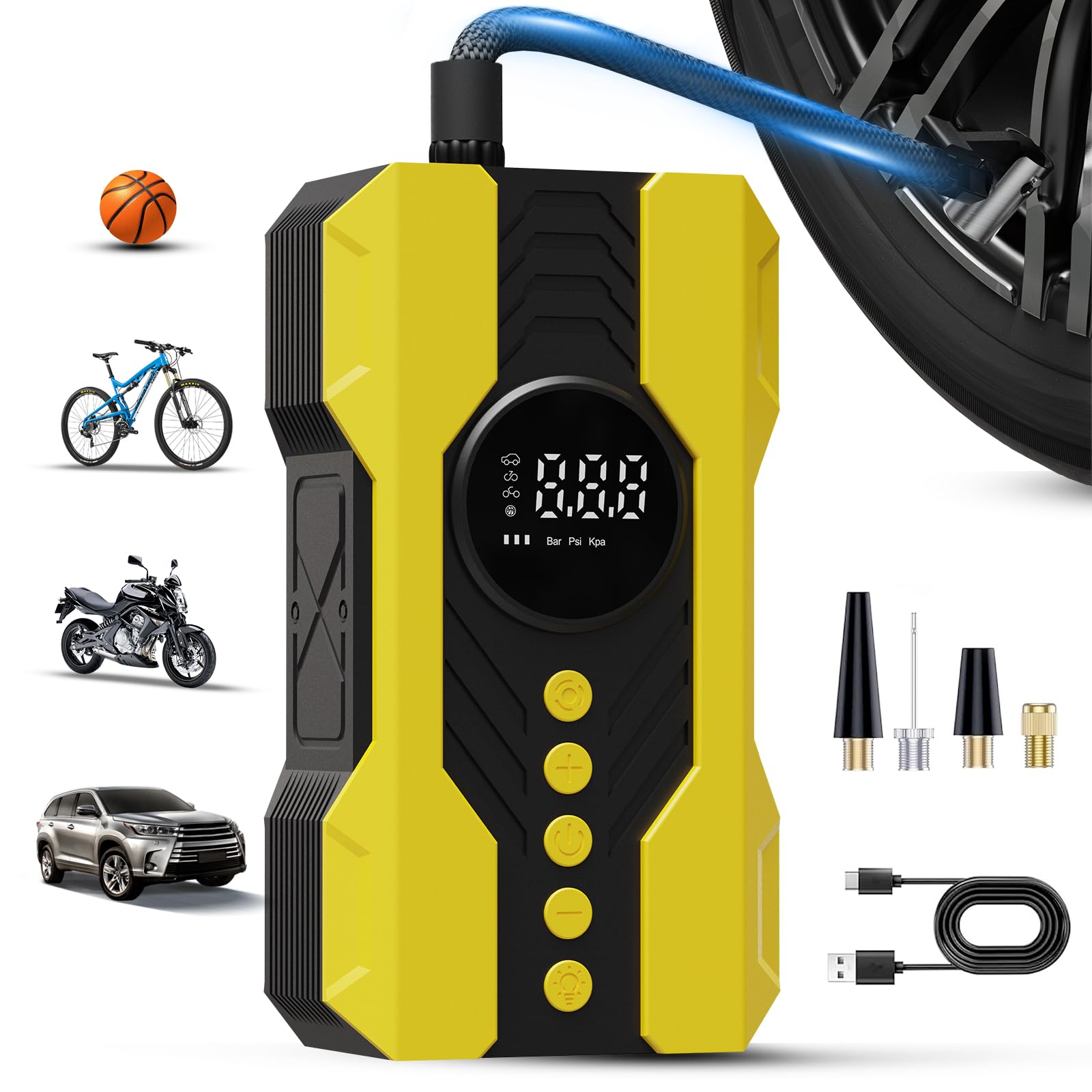 Portable Tire Inflator Air Compressor - 200PSI High Pressure, 4X Faster Inflation for Car Tires, Bikes, Sports Balls | Accurate Digital Pressure Gauge | Ideal for Road Trips, Emergency Use & Home Maintenance