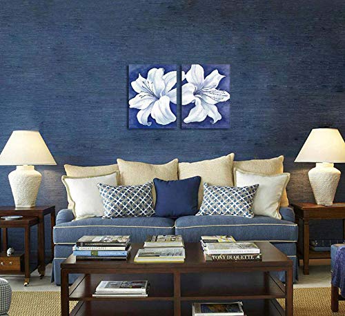 White Floral Canvas Wall Art - Modern Blue-Purple Bloom Painting for Dining Room Decor