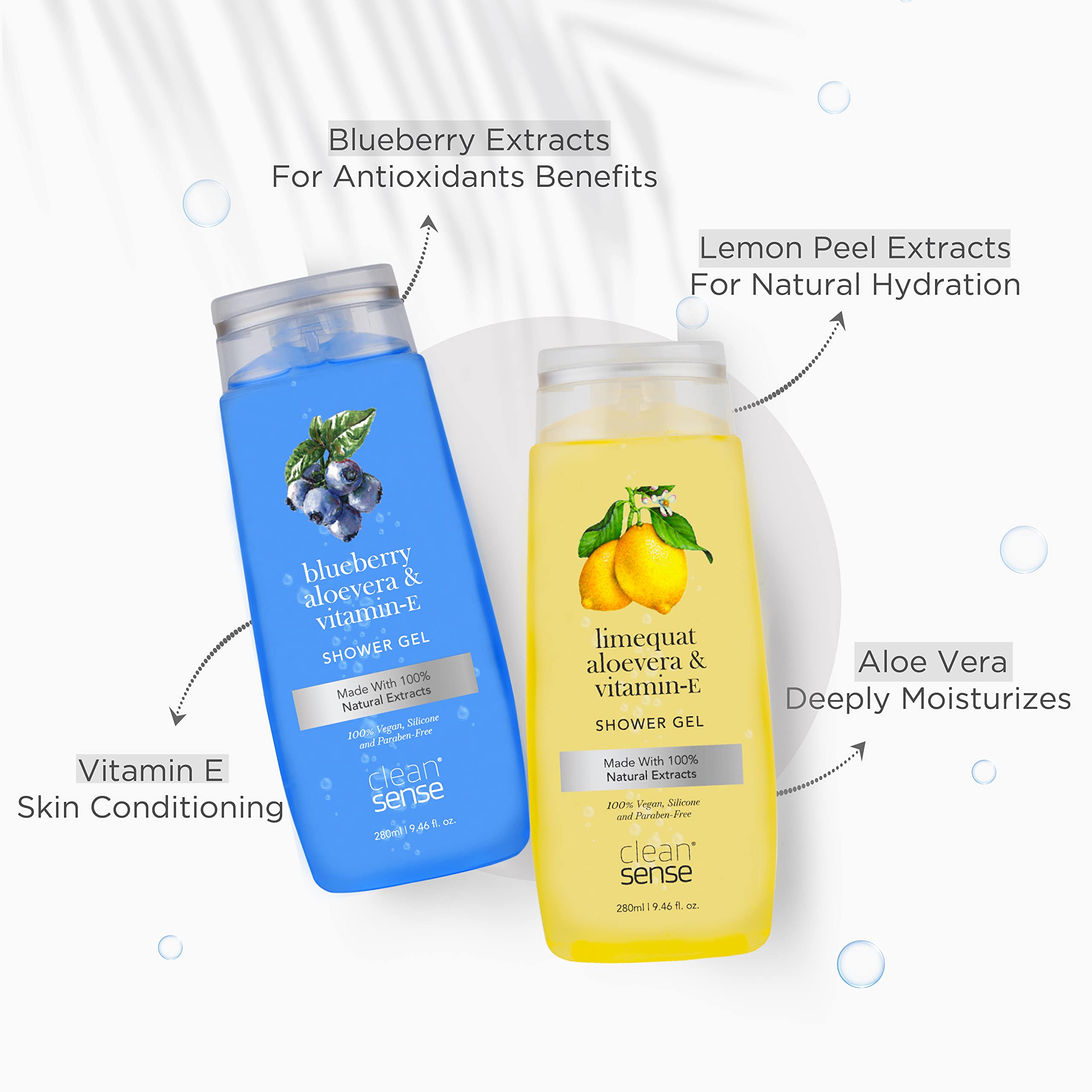 Cleansense Shower Gel Combo - 100% Vegan, Paraben Free with Aloe Vera & Vitamin E (Blueberry Limequat, 280ml x 2) | Hydrating Body Wash for Sensitive Skin, Perfect for Daily Shower & Spa Relaxation