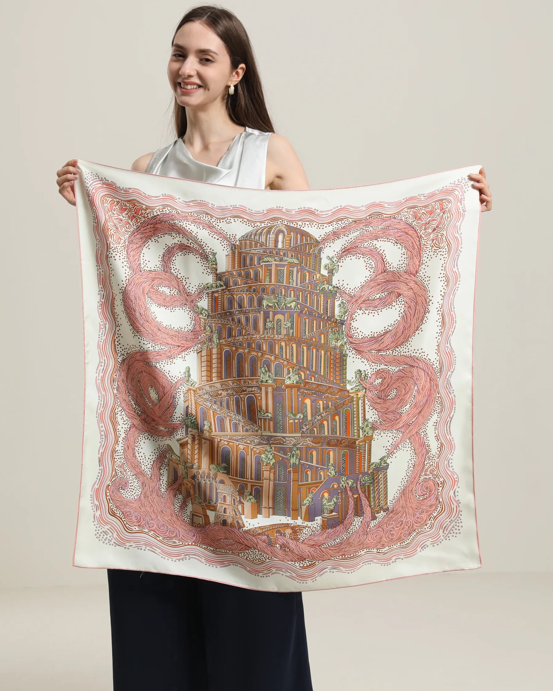 Vintage Castle Pattern Silk Scarf - Elegant Women's Fashion Accessory for Travel, Parties, and Special Occasions