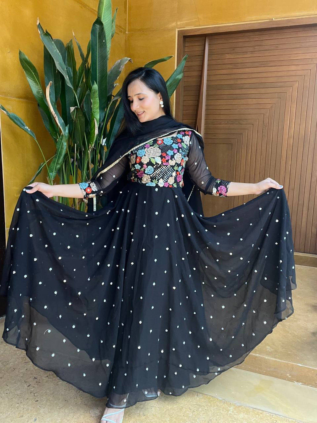 Elegant Black Premium Festive Wear Ready-Made Gown with Dupatta - Heavy Sequins & Embroidery Work for Weddings, Parties & Special Occasions