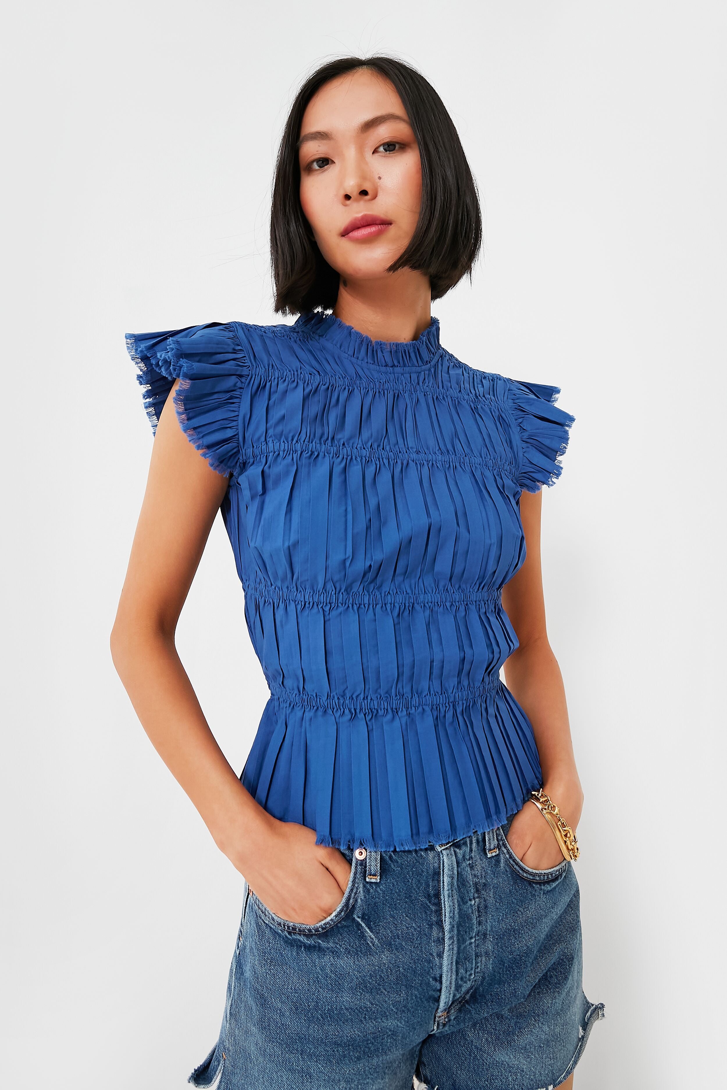 Blue Greir Pleating Flutter Sleeve Top for Women | Elegant Blouse for Casual Wear, Office & Date Night Outfits
