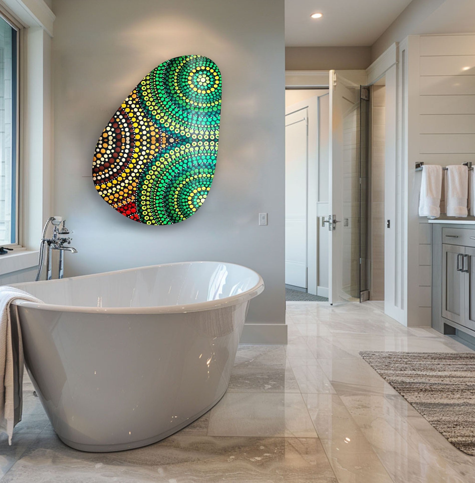 Asymmetrical Oval Mosaic Green Glass Wall Art - Handmade Modern Home Decor for Living Room, Bedroom, or Office - Unique Abstract Wall Hanging for Interior Design